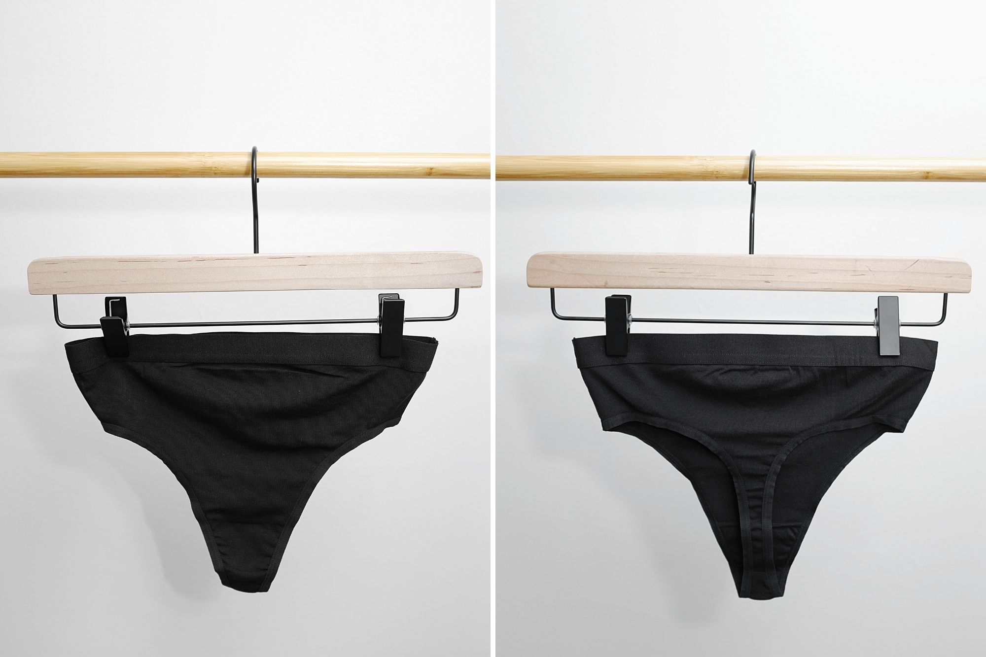 The High Rise Thong hangs on a hanger, front and back
