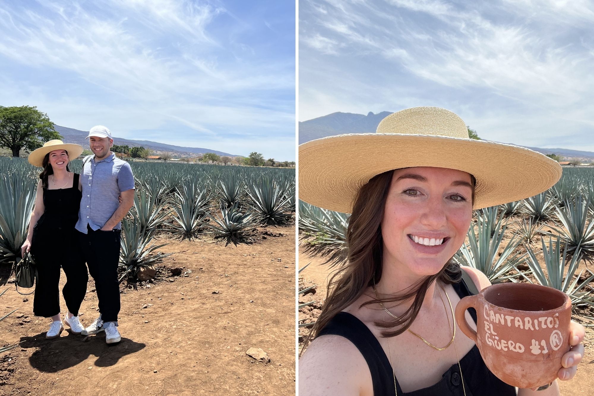 Alyssa and Michael in the agave field; Alyssa with a cantarito