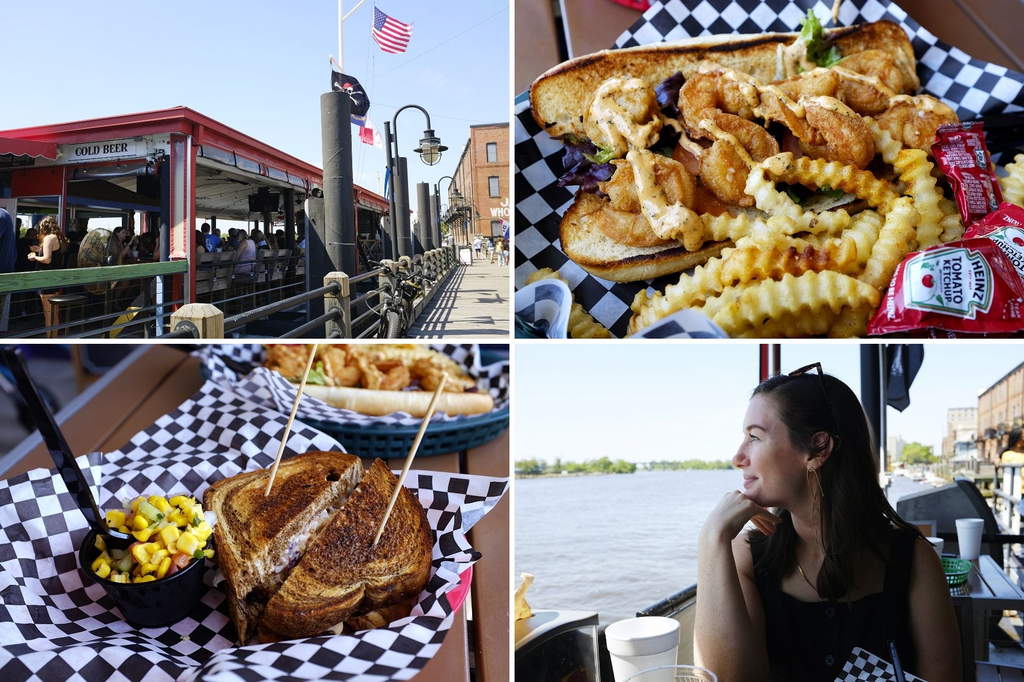 Collage: Exterior of the restaurant, a shot of each meal, and Alyssa looking out at the water