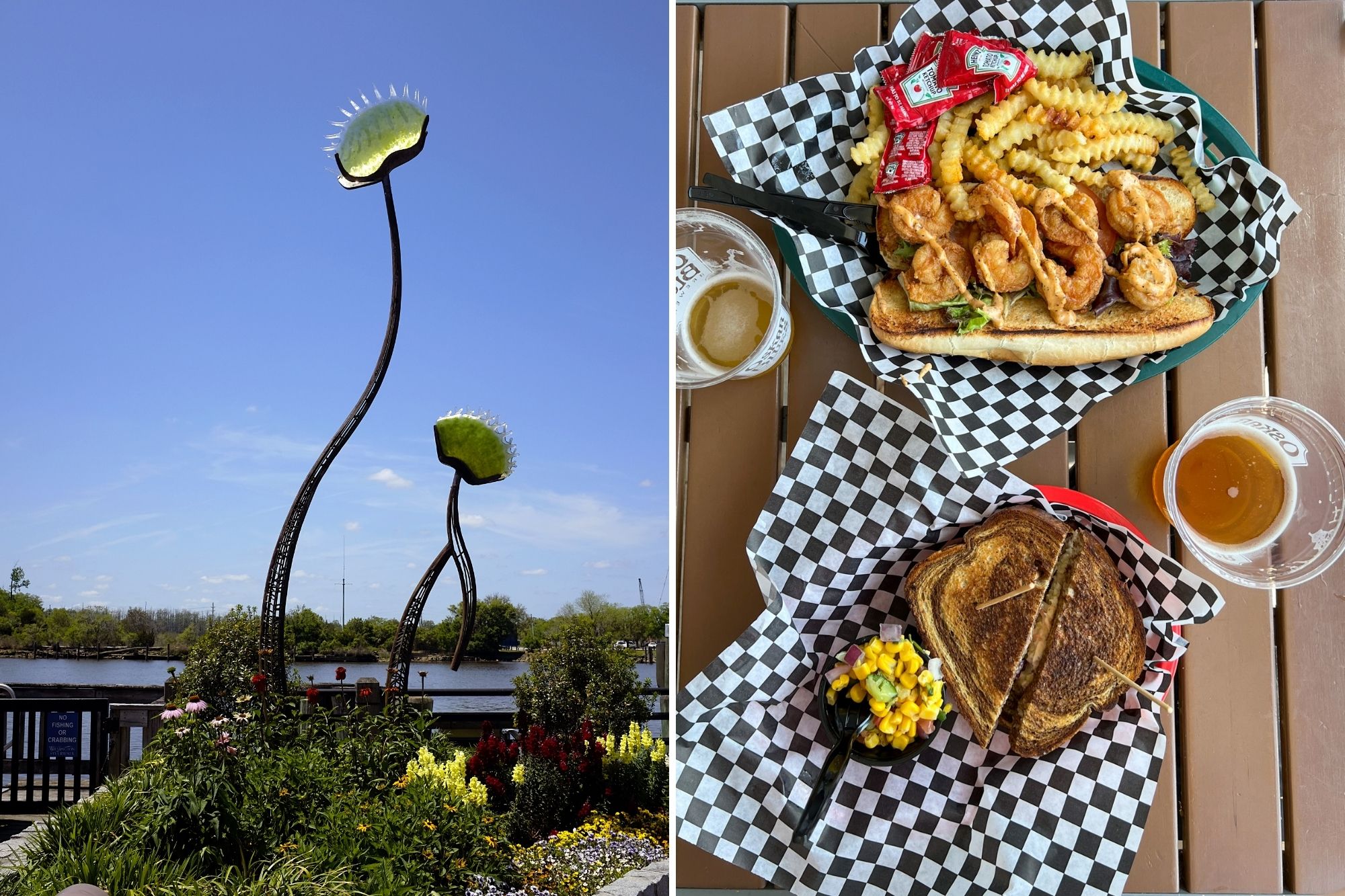 Left: Venus flytraps sculpture, right: plates of food at Anne Bonny's