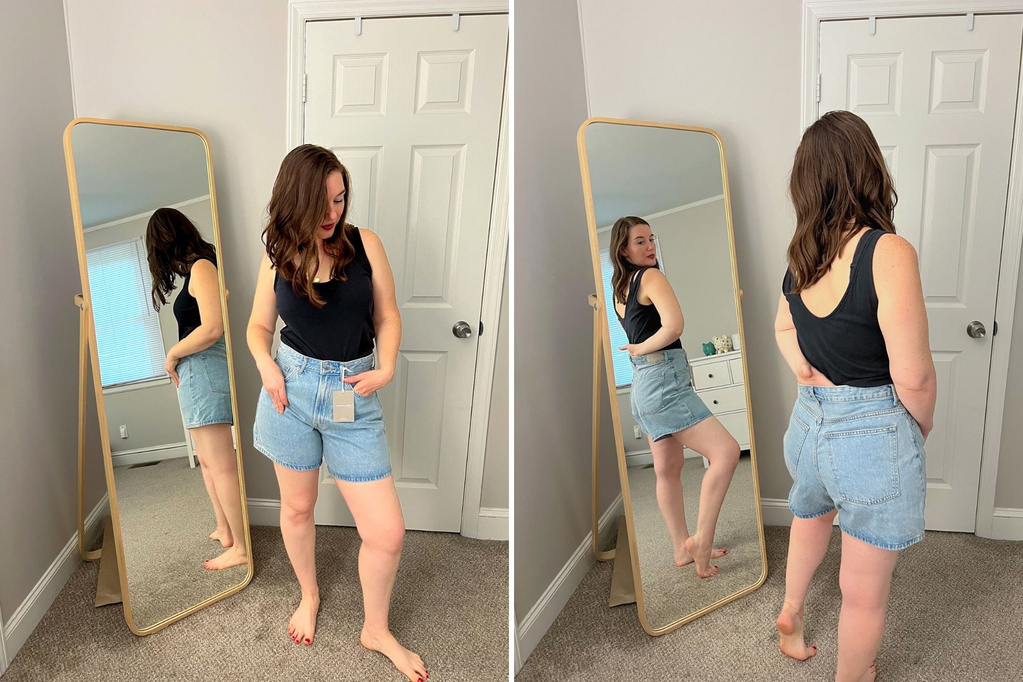 Alyssa wears the shorts in two different images