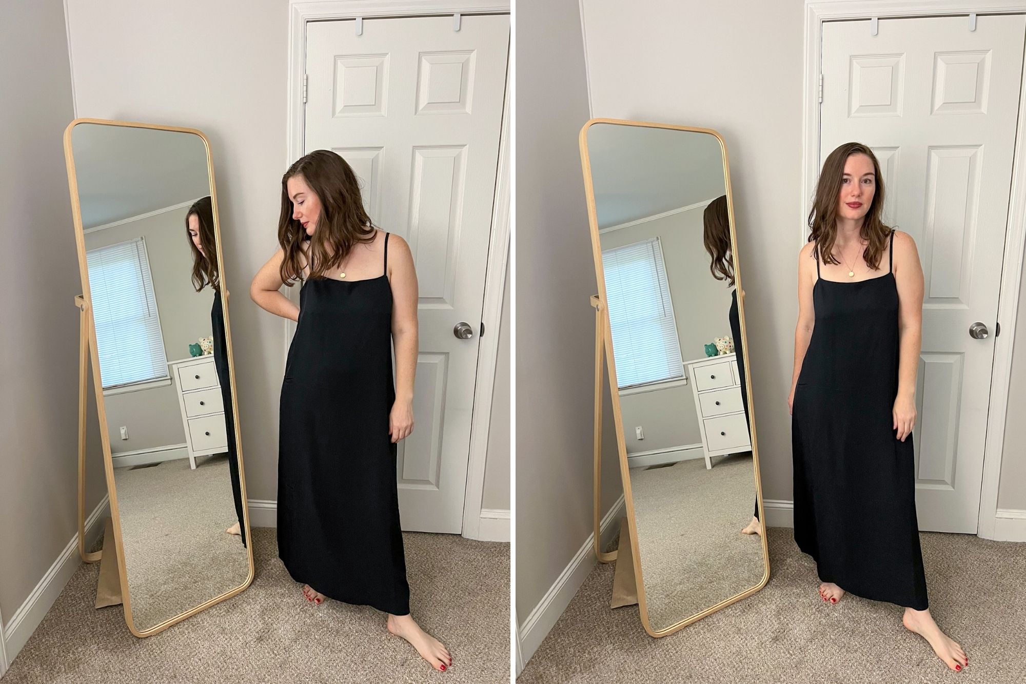 Alyssa wears the dress in two different images