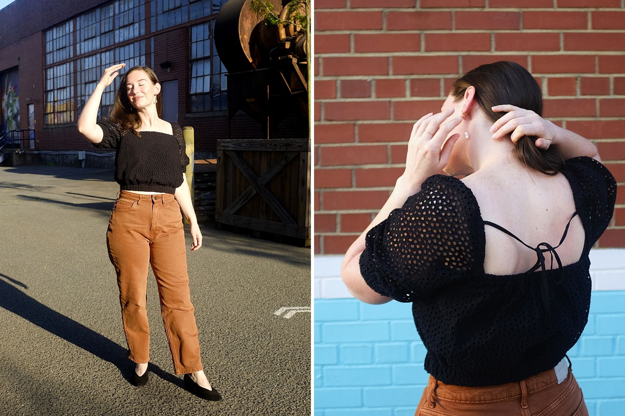 Alyssa wears The Eyelet Puff Sleeve Top in two images