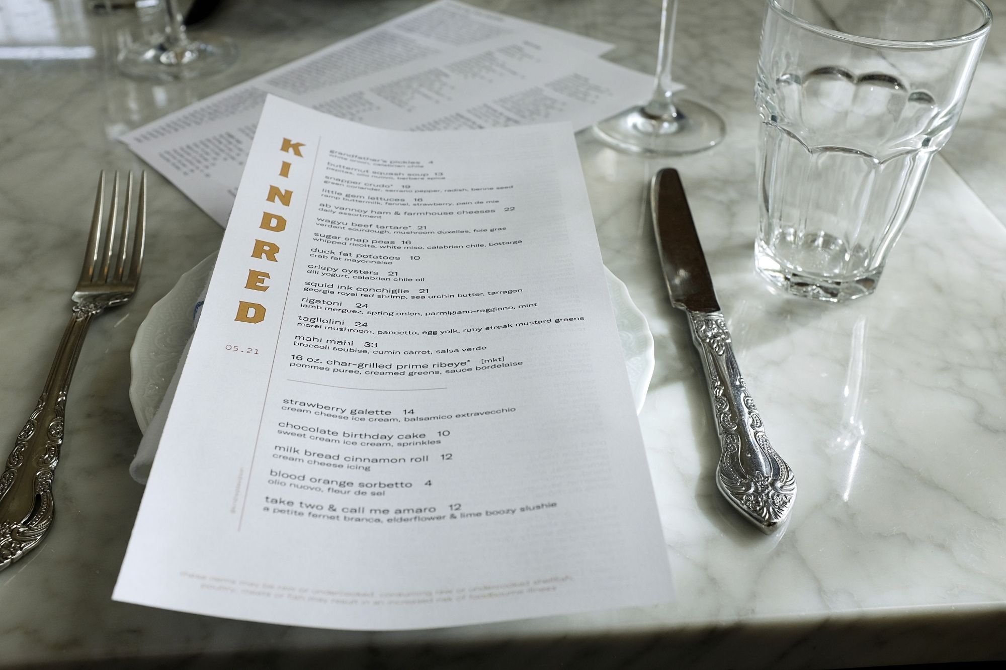 Menu on the table at Kindred