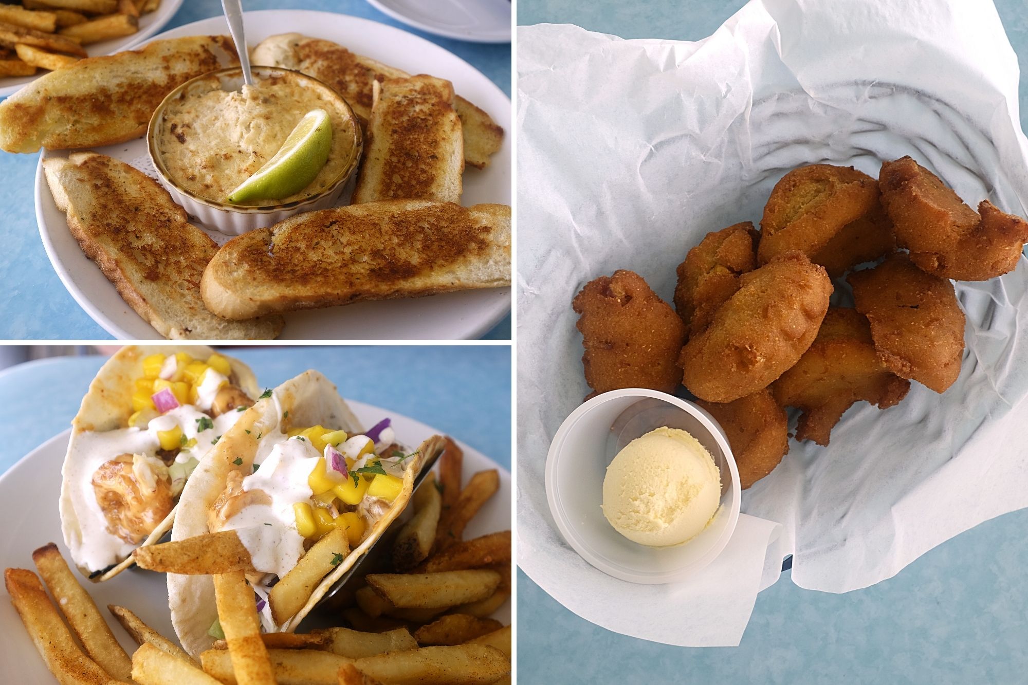 Crab dip, fish tacos, and hush puppies