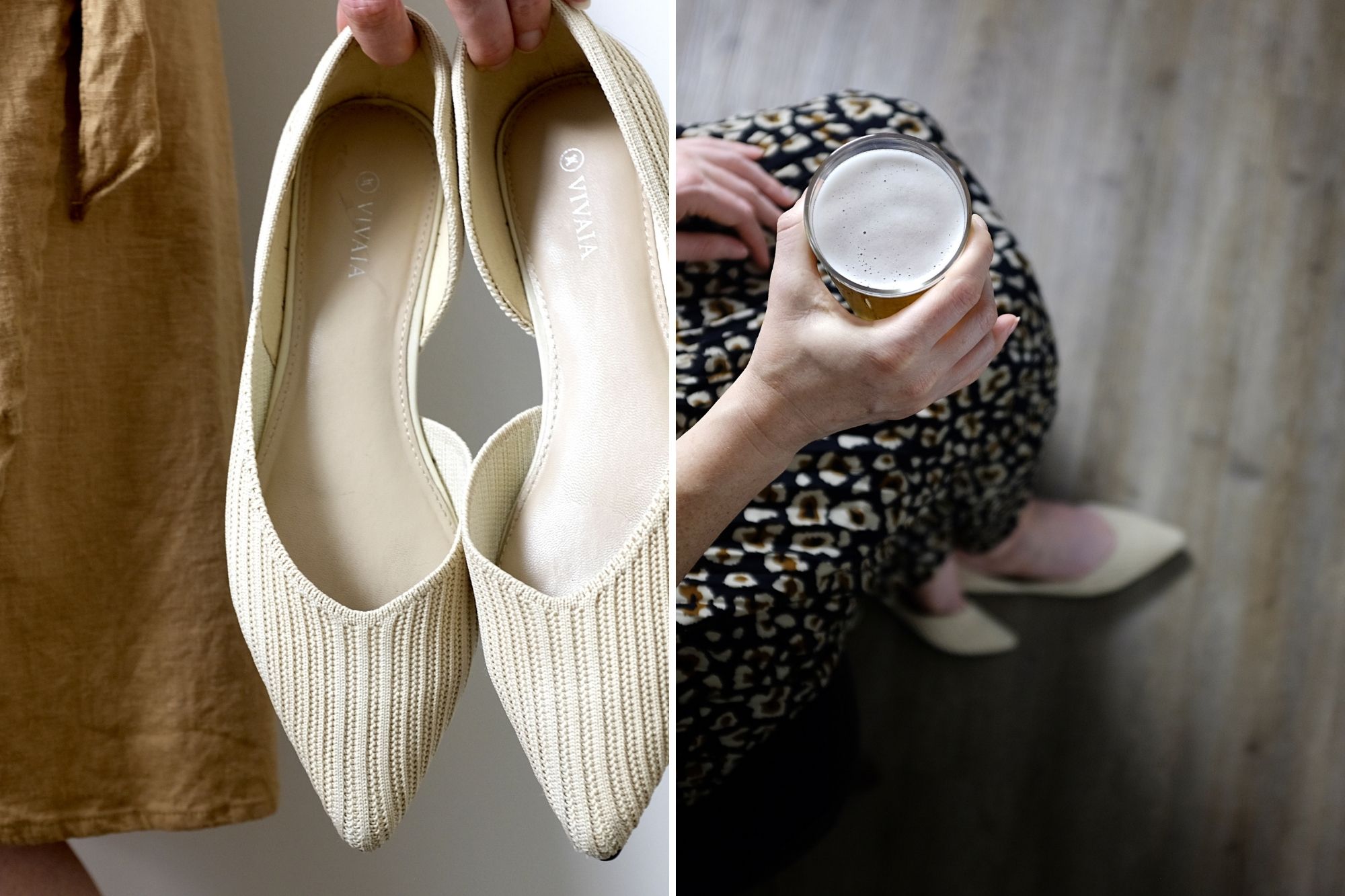 Two photos: a close up of the shoes in Alyssa's hands, and an image of her sitting with a beer and wearing the flats with a skirt