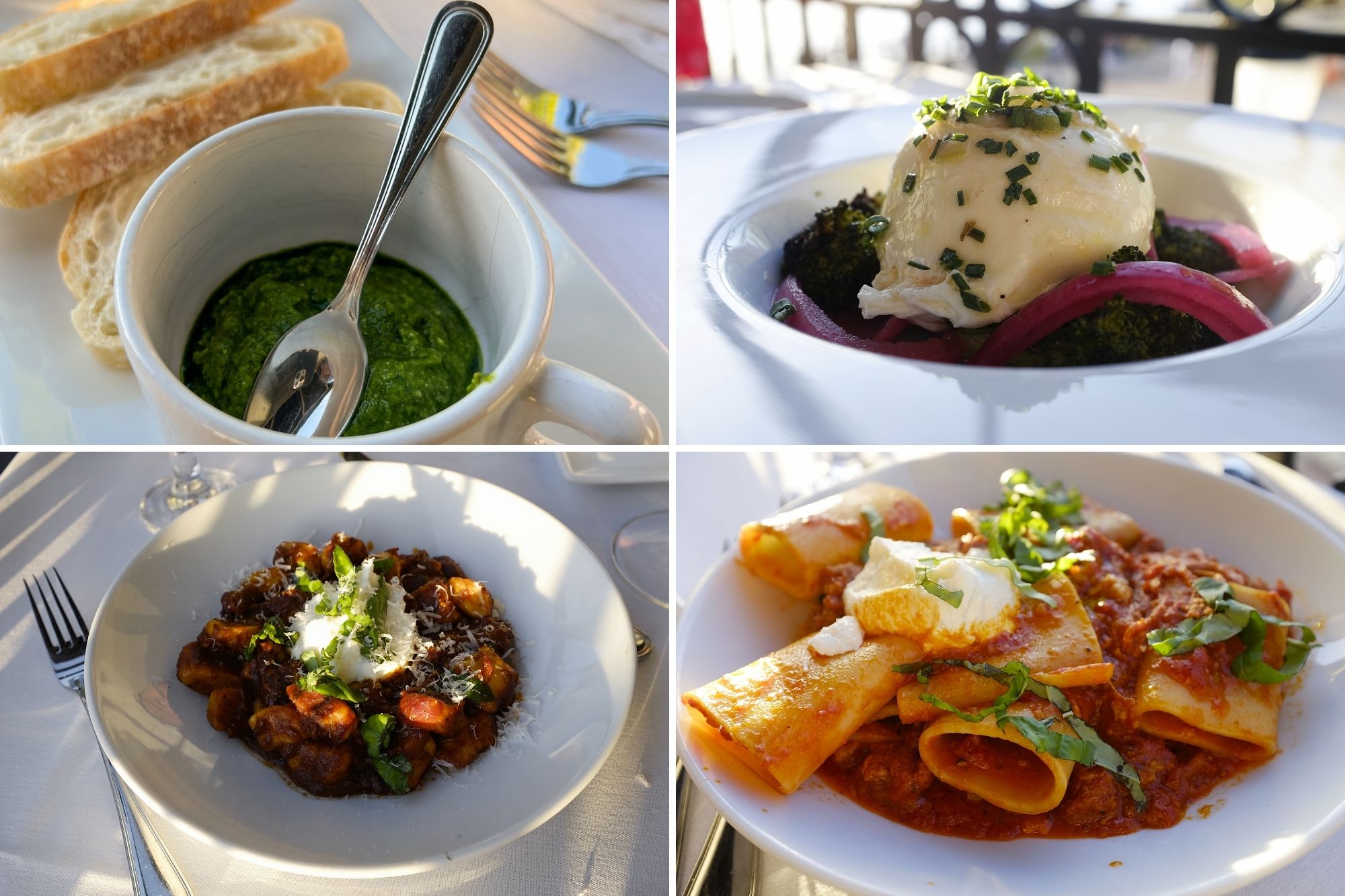 Four photos: Pesto with bread, burrata, lamb gnocchi, Sunday gravy