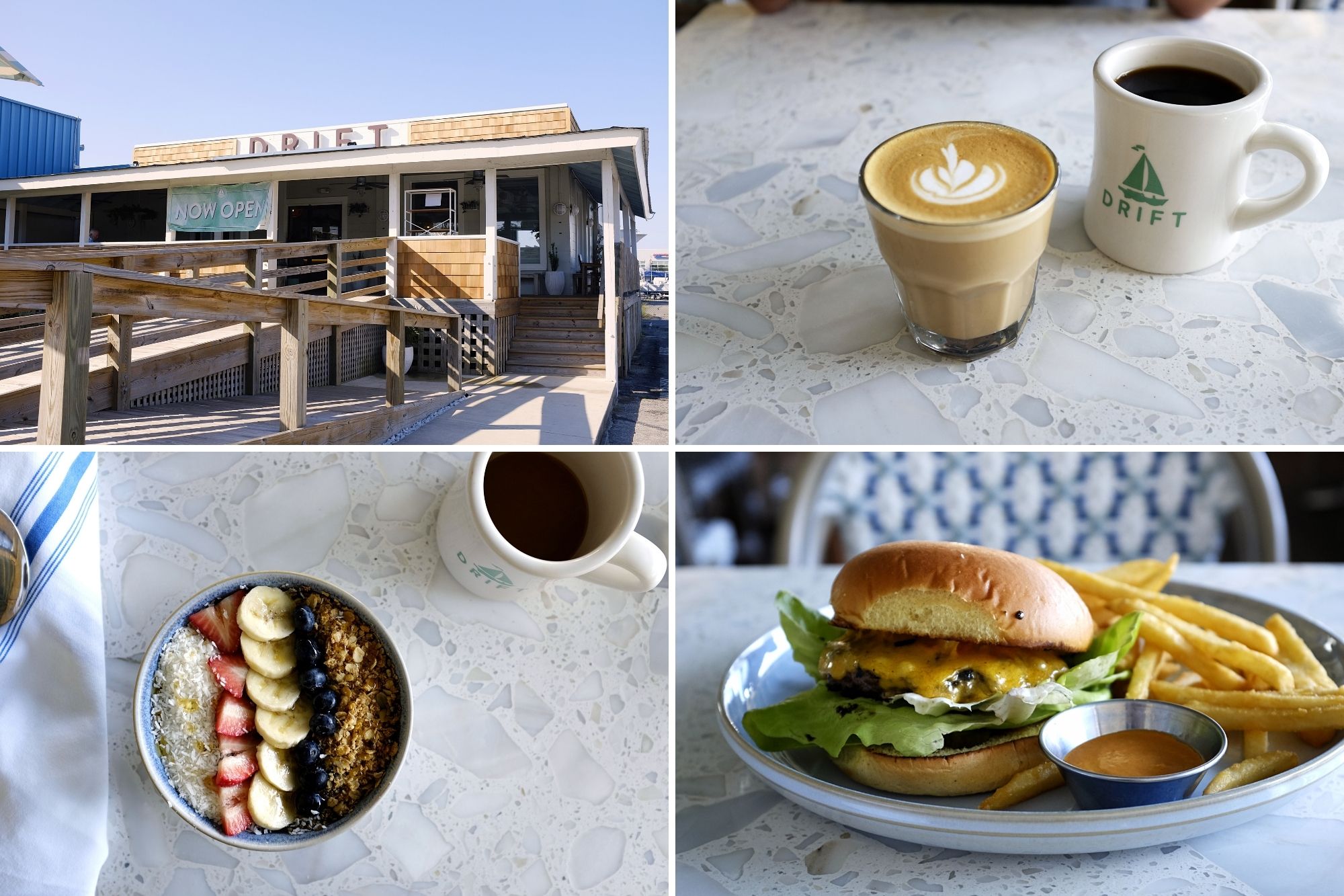 Collage: Exterior of Drift Cafe, Coffee cups, acai bowl, and burger