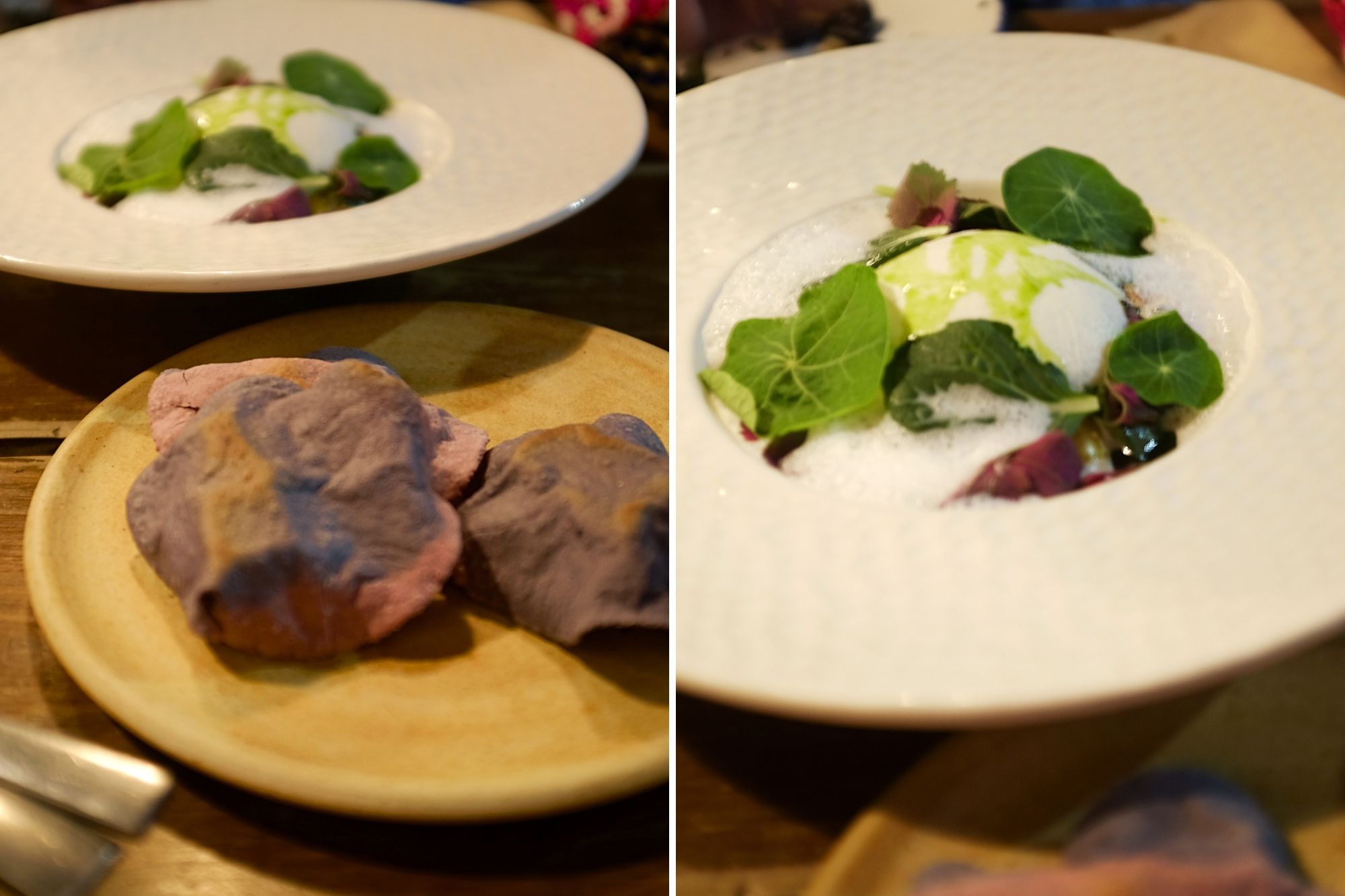 Two images of the dish: the first has the accompanying tostadas in view, and the second is a closeup of the burrata