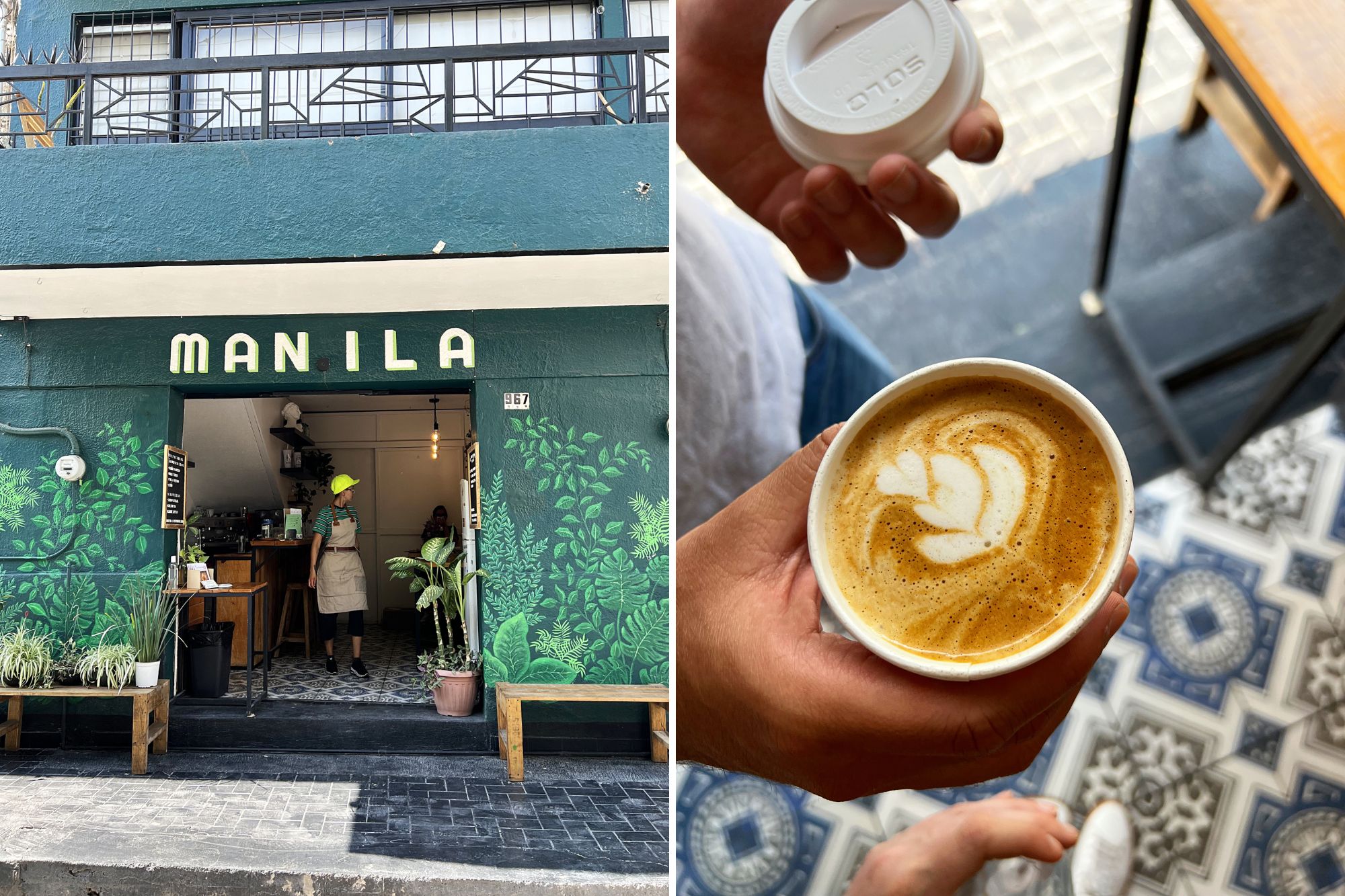 Cafe Manila exterior and a cappuccino with heart art