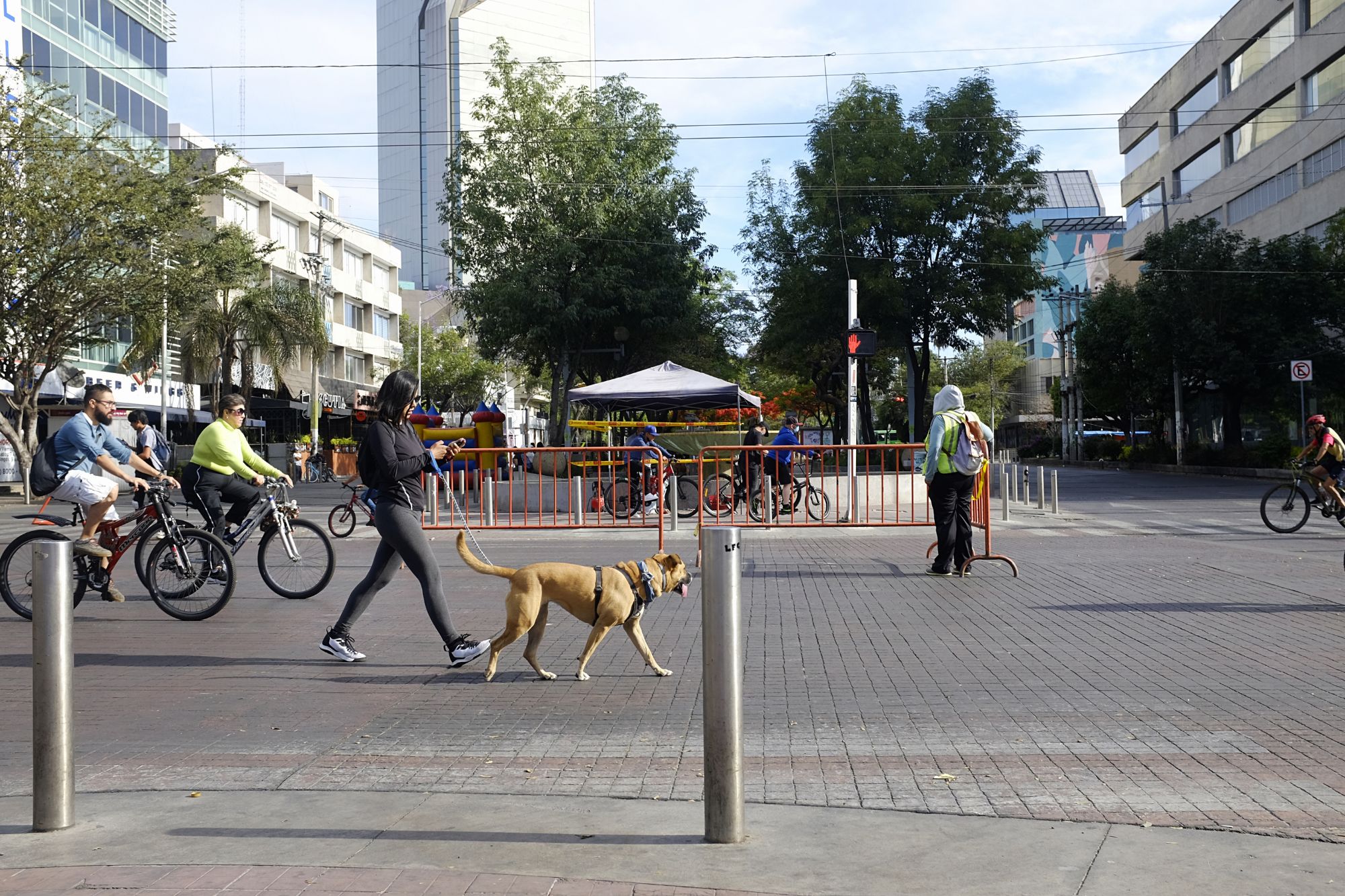 Walkers and cyclists are in the street, which is closed to cars