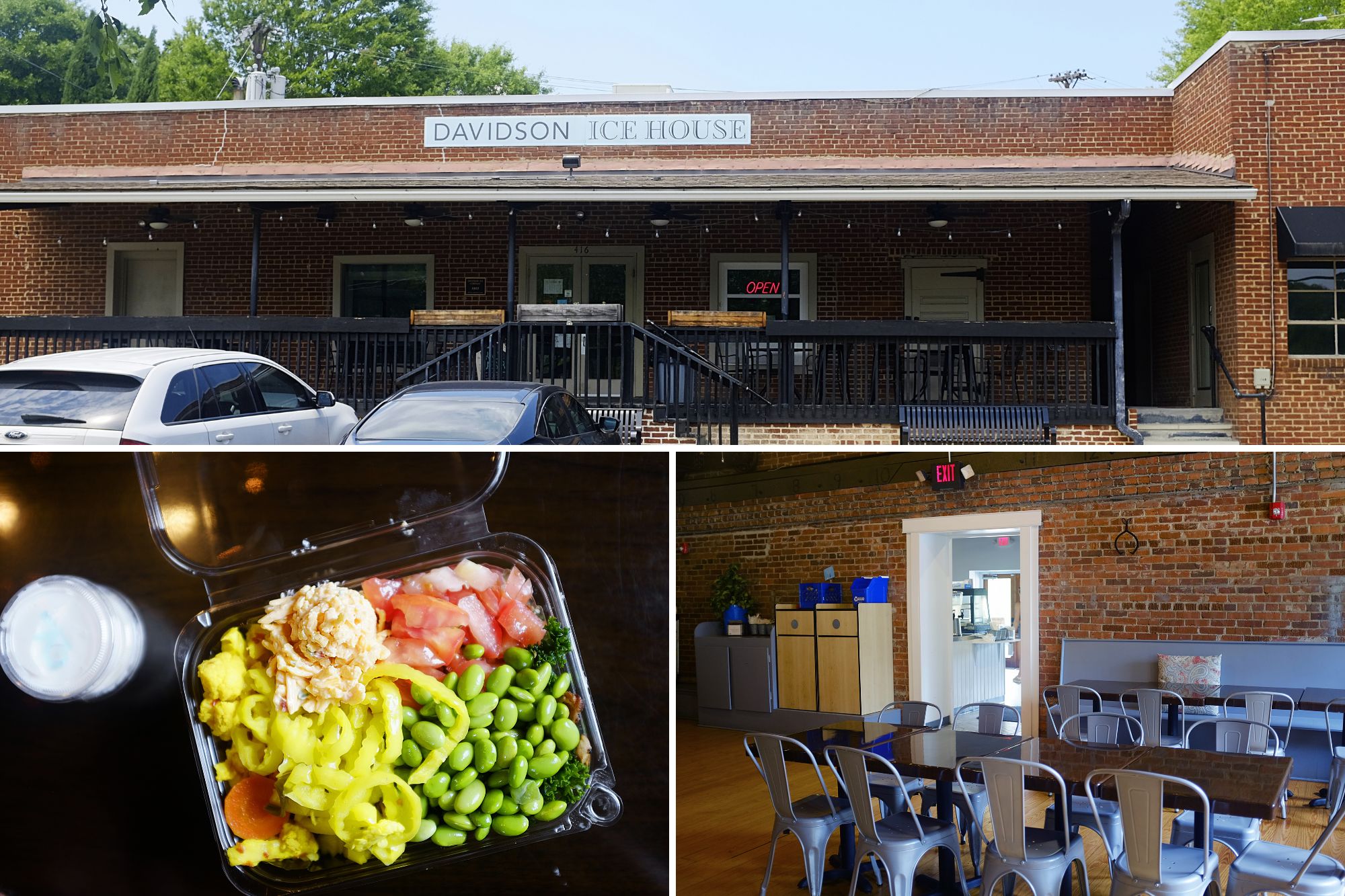 Collage: exterior and interior of Davidson Ice House and a build your own bowl