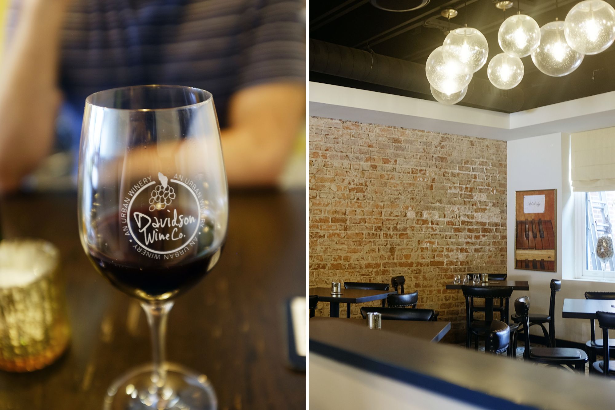 Collage: a glass of wine, and the interior of Davidson Wine Co