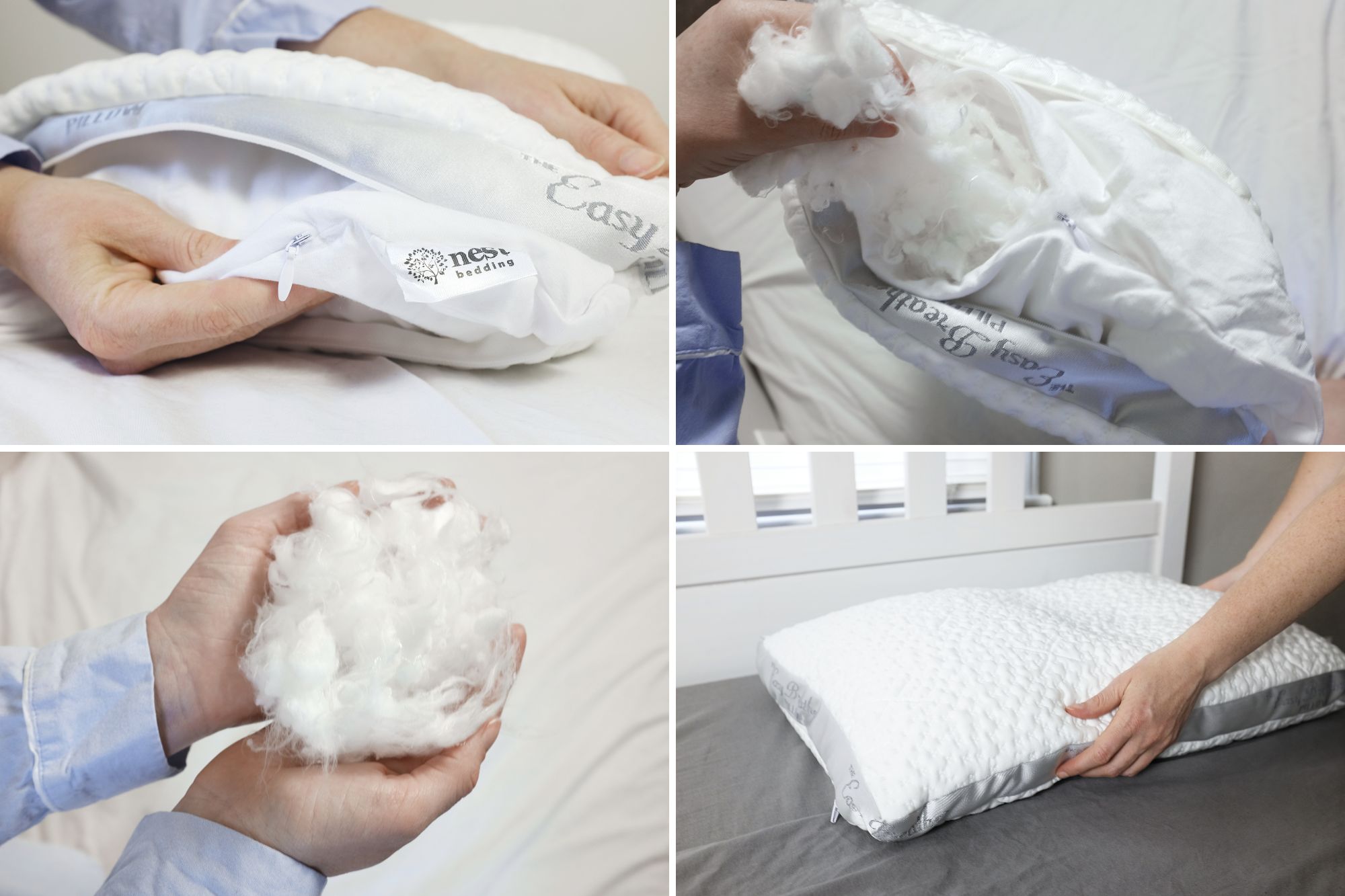 Collage of four images showing unstuffing the pillow