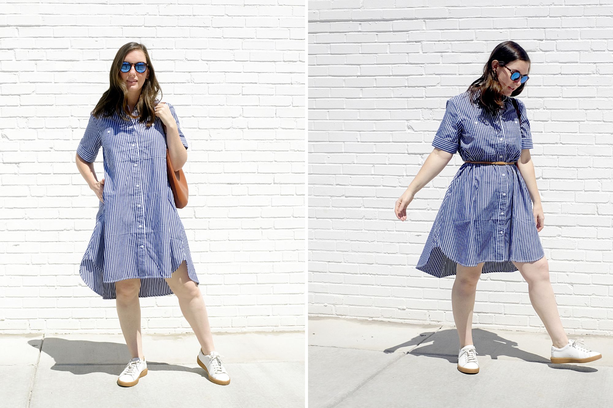 Alyssa wears the Daytripper Shirtdress with and without a belt