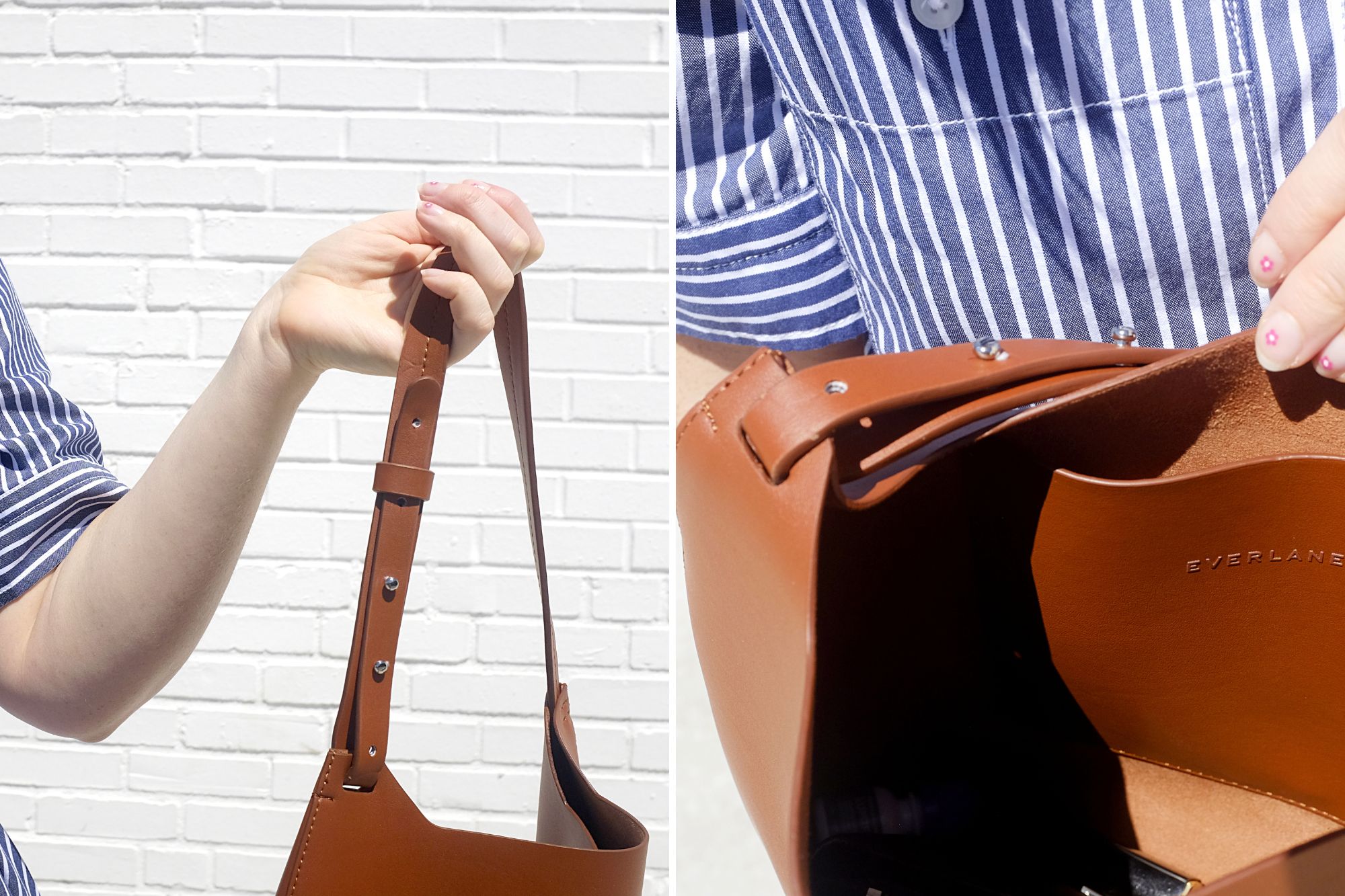 Two images showcasing the strap and the interior of the bag