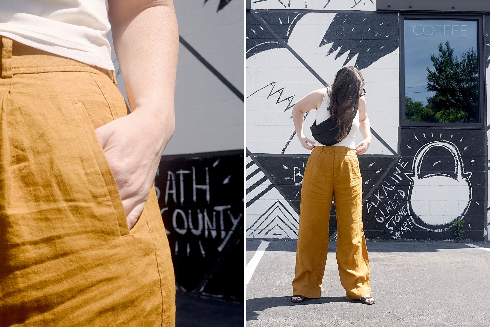 Alyssa wears the Linen Way High Drape Pant, and also shows a close up of a pocket