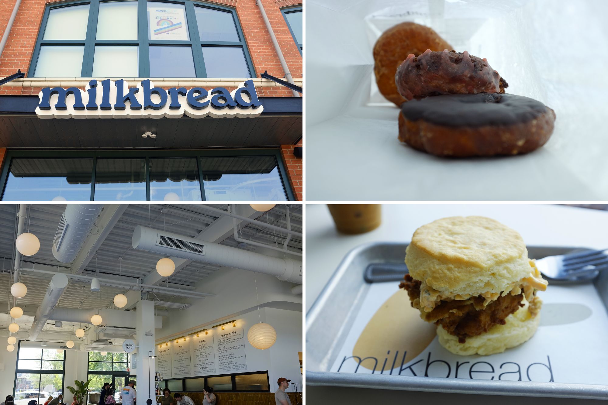 Collage: front of the restaurant, several doughnuts, interior of the restaurant, and a biscuit