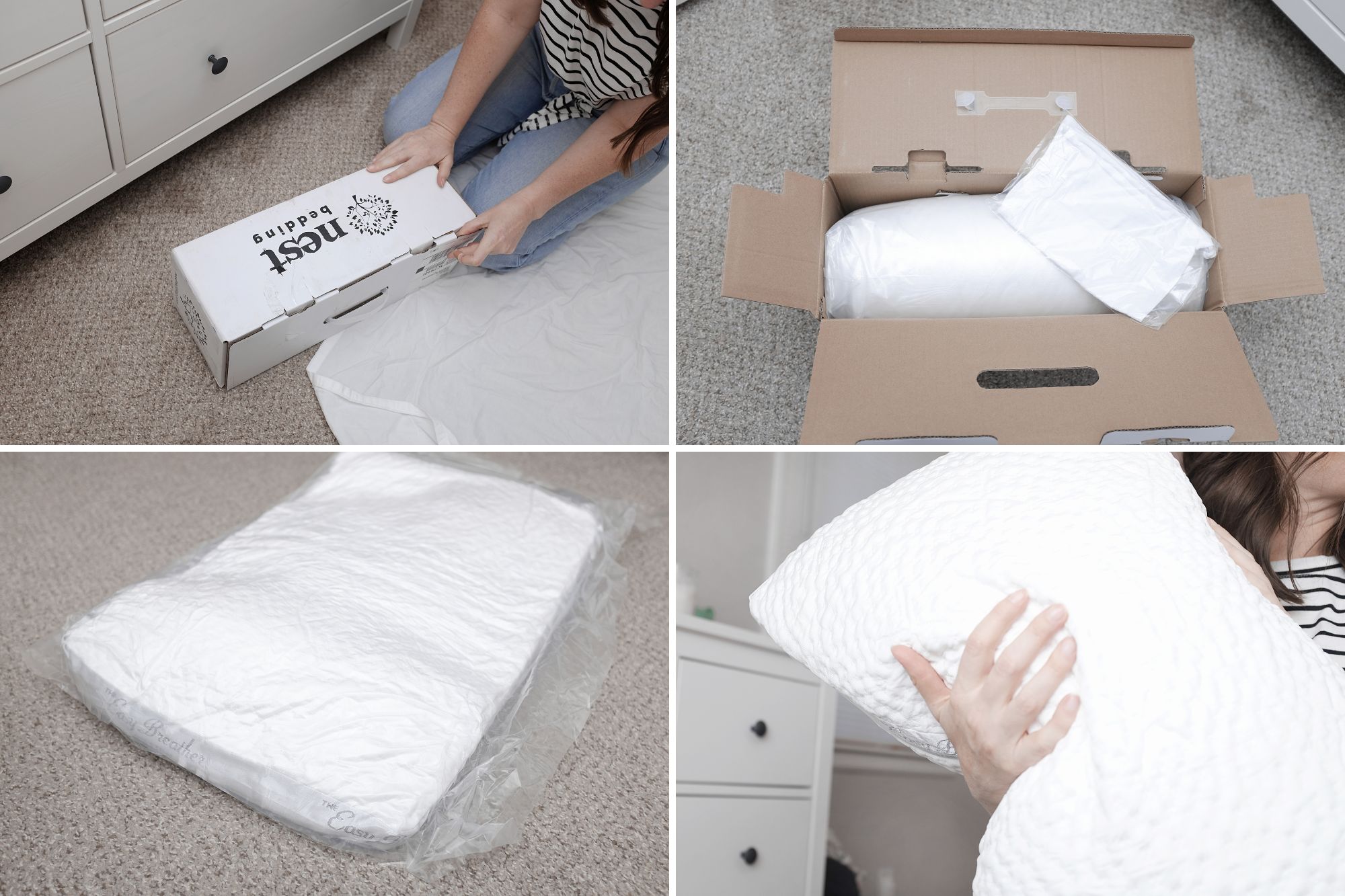 Four photos of unboxing the Easy Breather Pillow
