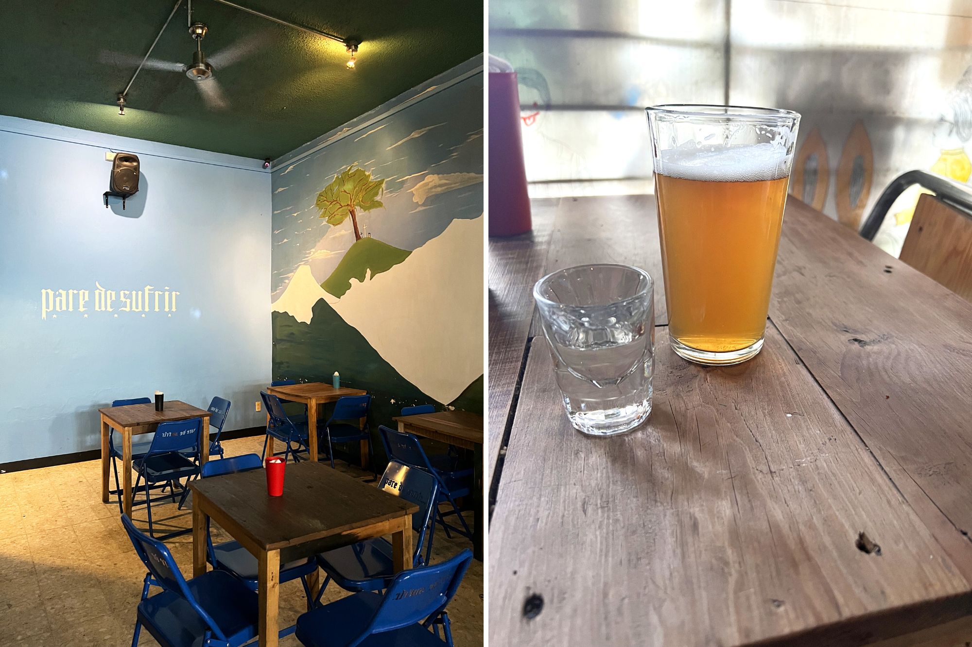 Interior of the mezcaleria and a beer and a shot