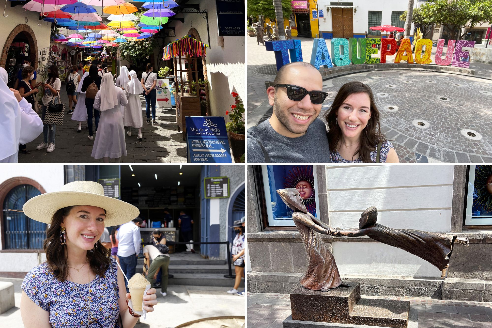 Collage: Nuns in Tlaquepaque, Alyssa and Michael in front of the Tlaquepaque sign, Alyssa with a nieve, and a statue