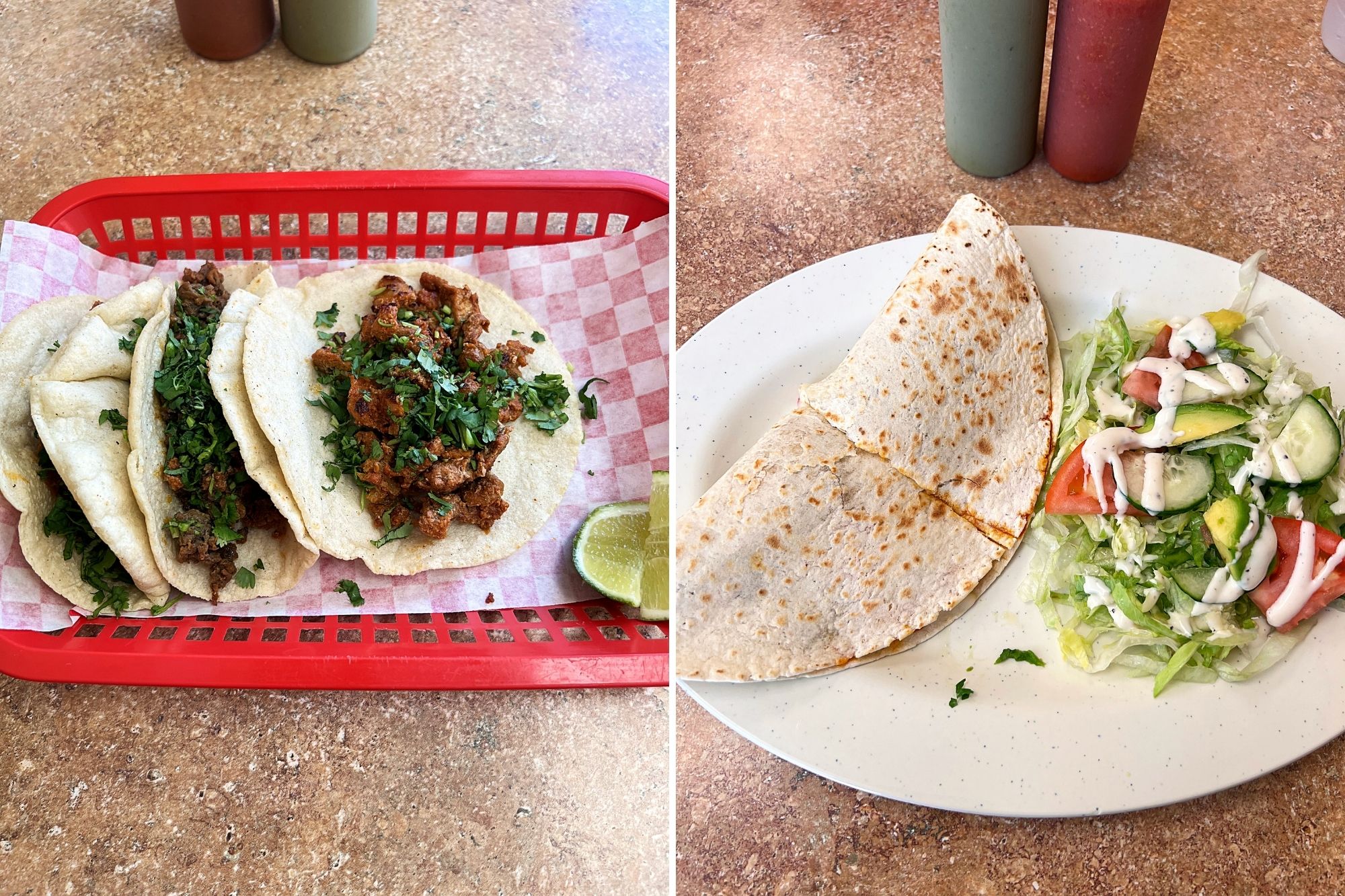 Three tacos and a quesadilla with a side salad