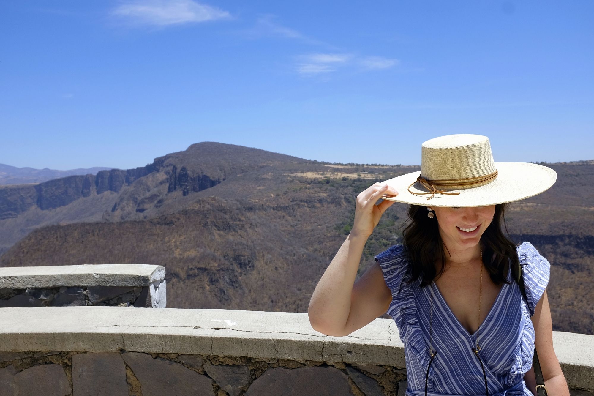 Alyssa wears a wide brim straw hat and a blue ruffle dress