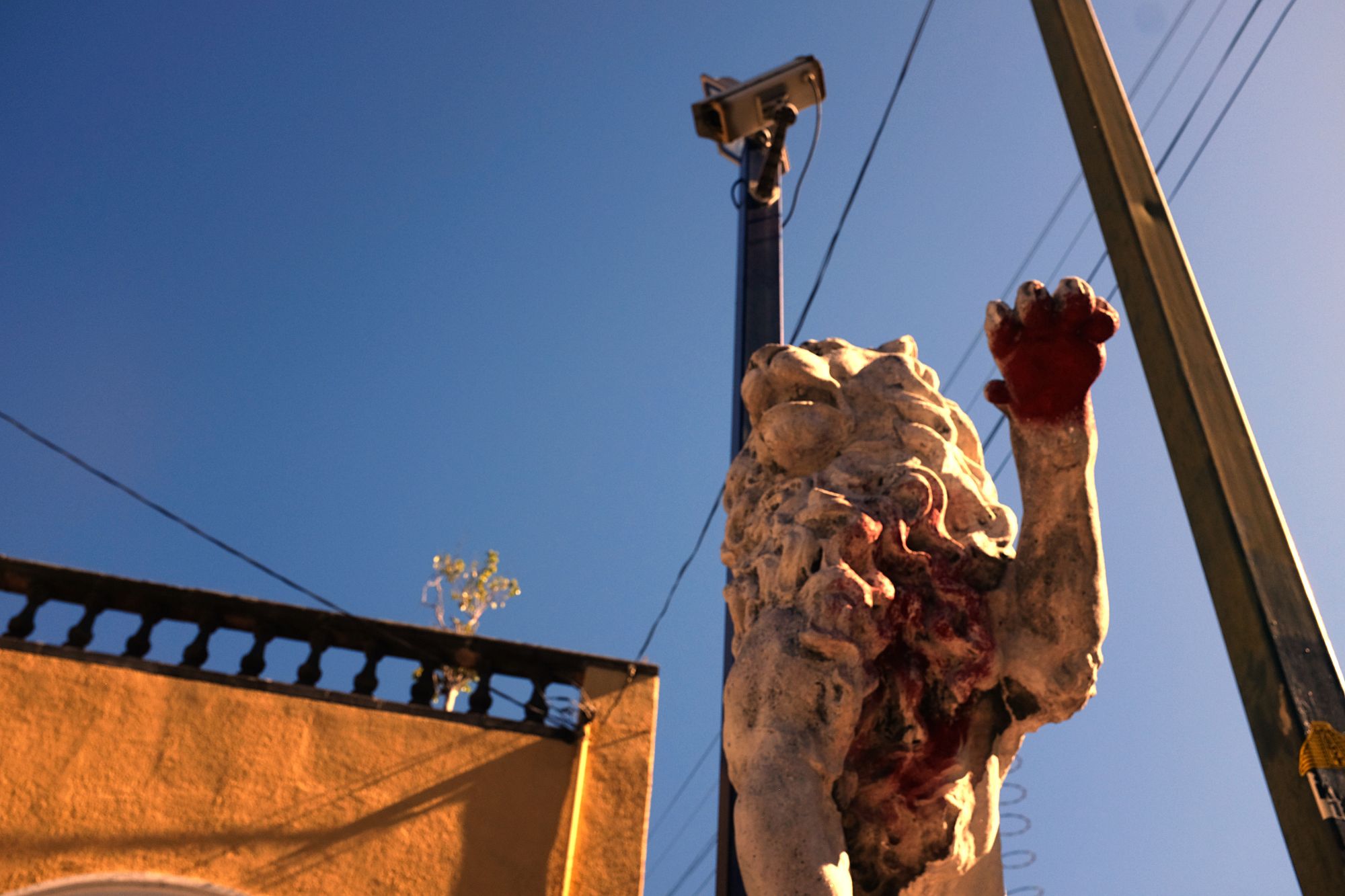 Lion statue in Guadalajara with power lines and a building behind