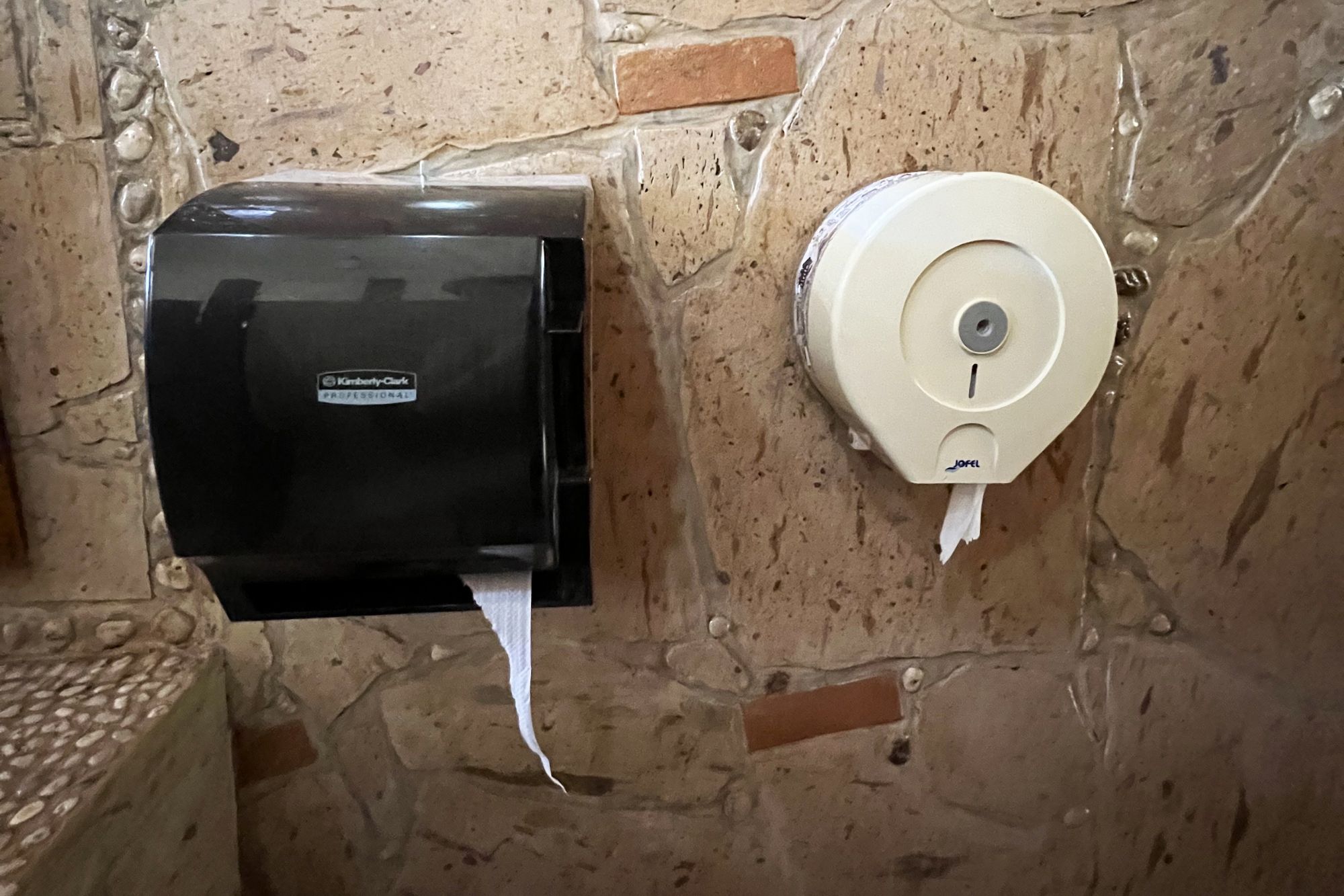 Paper Towels and Toilet Paper mounted on the wall in the bathroom