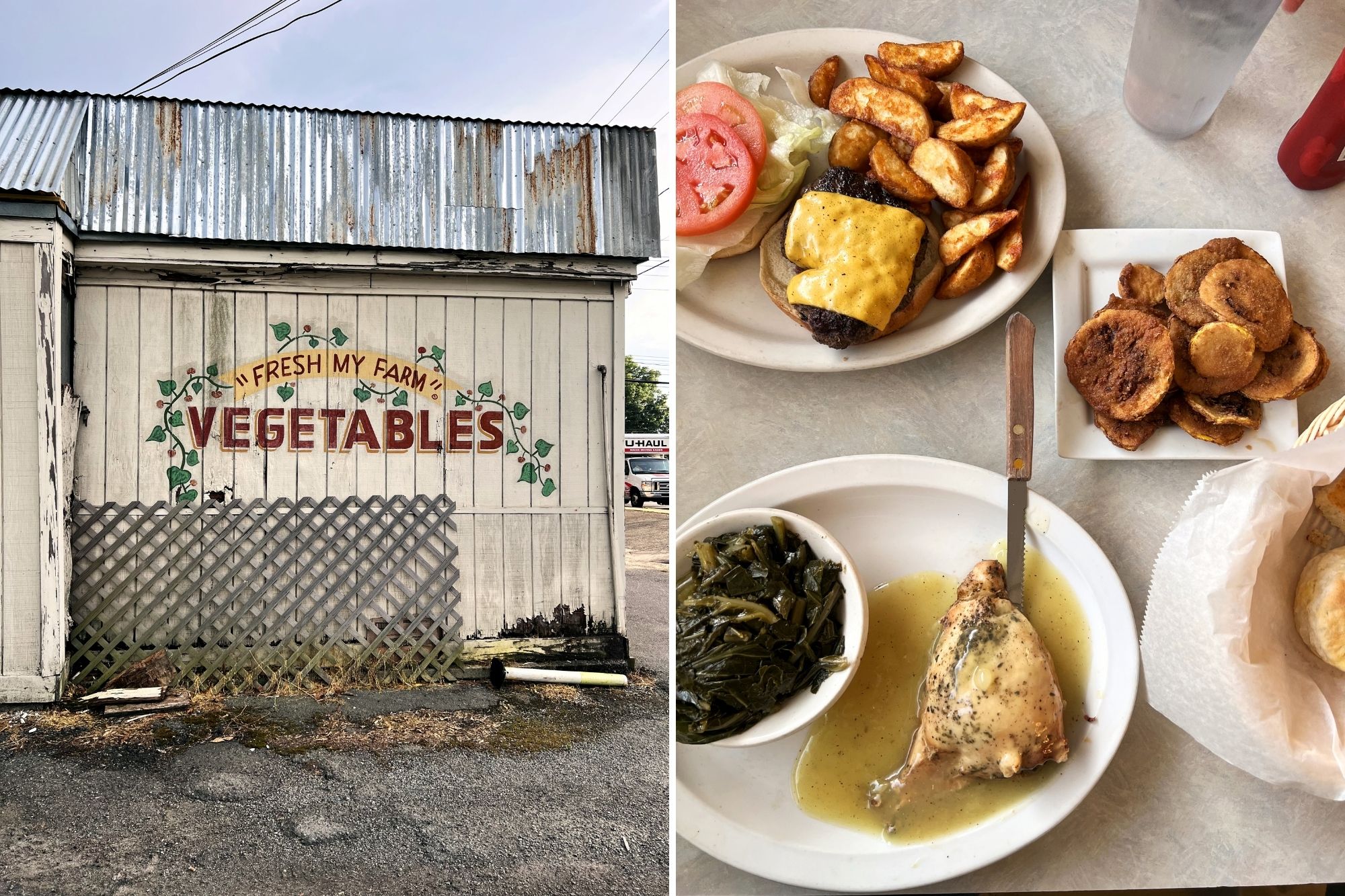 Collage: An exterior of a building that reads "Fresh My Farm Vegetables" and an overhead shot of a table with a chicken dish, collard greens, fried squash, a cheeseburger, and biscuits