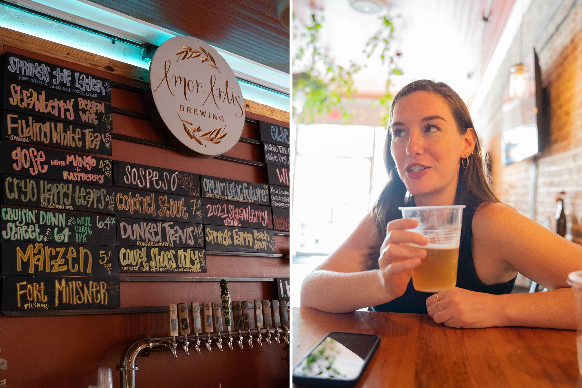 Two images: a tap list and Alyssa holding a beer, mid-conversation