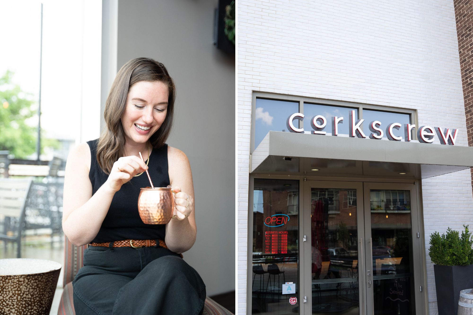 Two images: Alyssa smiling and holding a Mule mug, and the exterior of Corkscrew