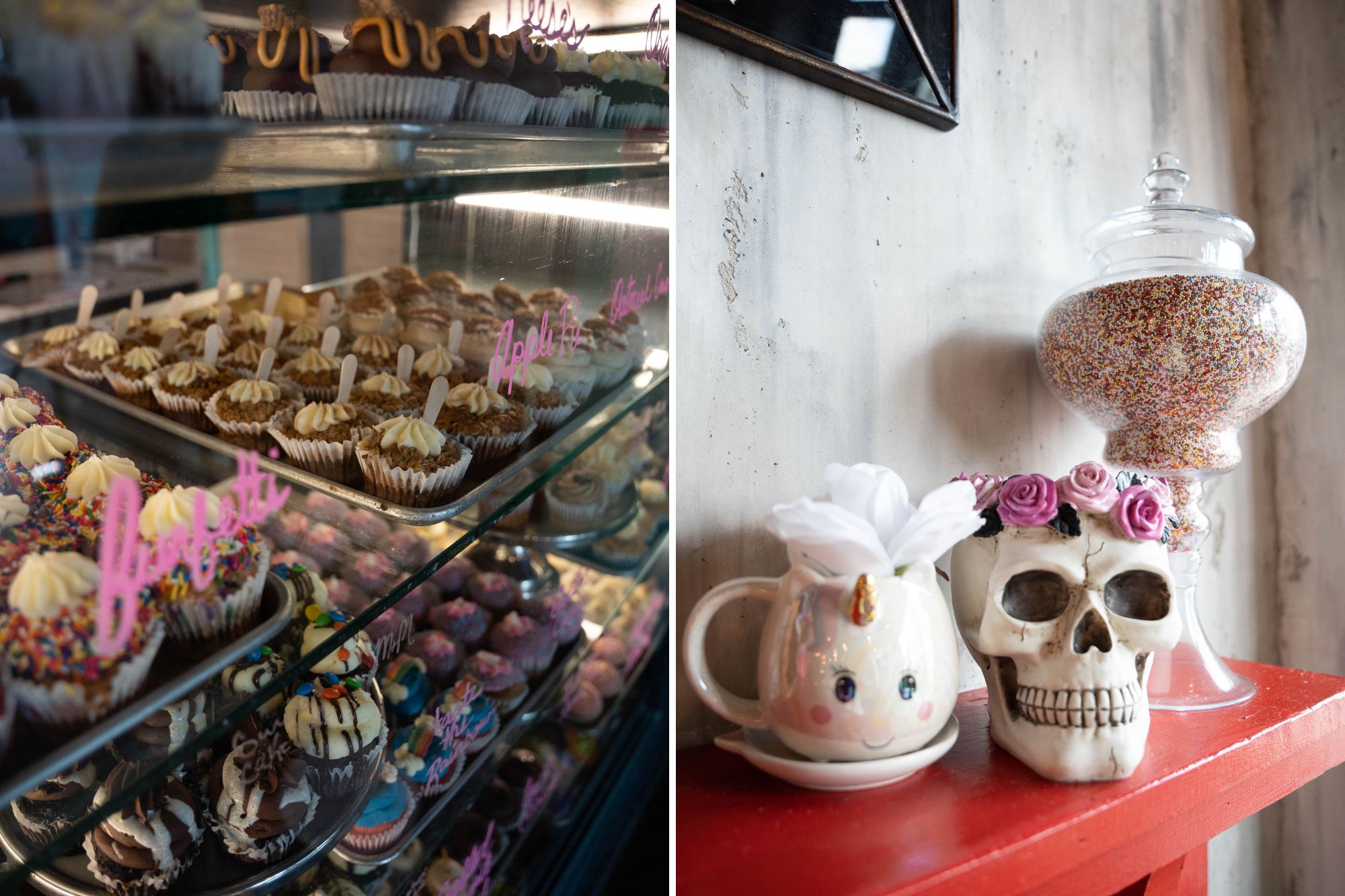 Two images. On the left is a display case filled with cupcakes, and on the right is decor on a shelf, including a sugar skull, unicorn mug, and a jar of nonpareils 