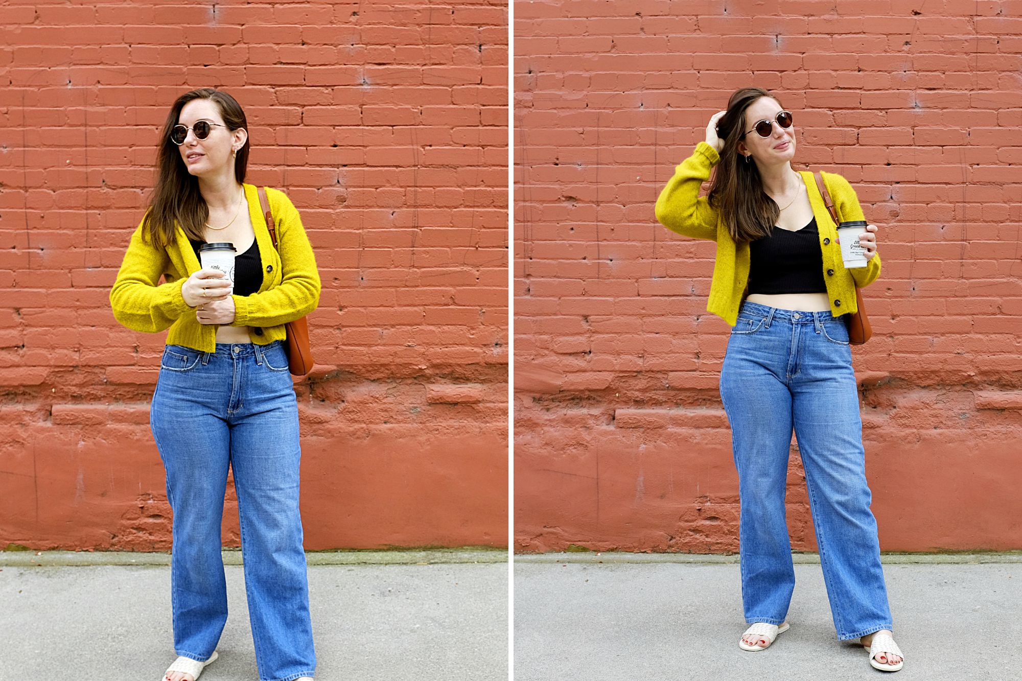 Alyssa wears The Alpaca Cropped V Cardigan in front of a brick wall