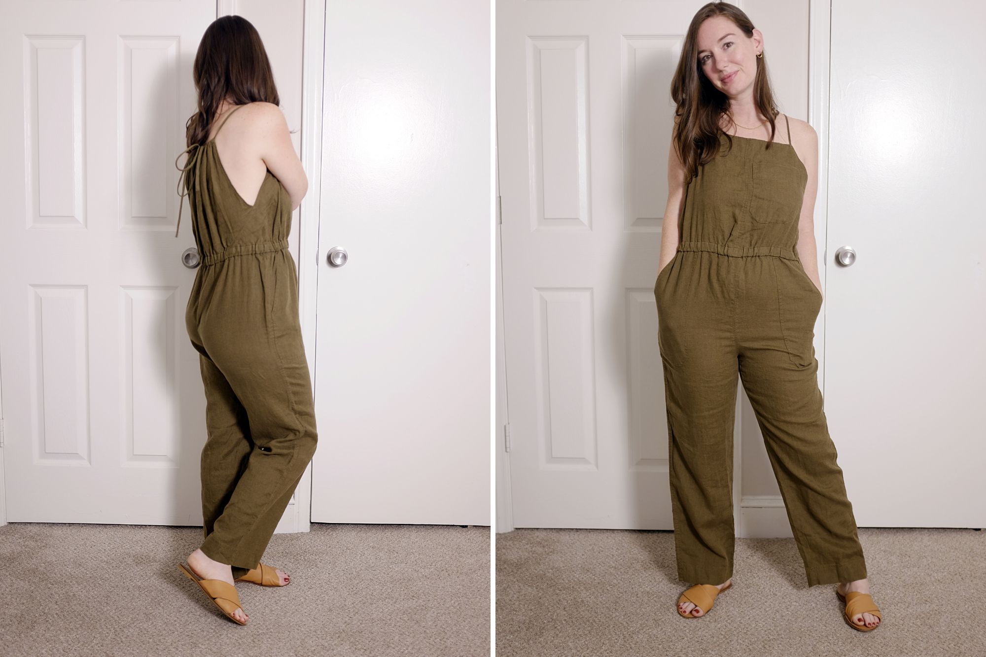 Alyssa wears The Linen Shoestring Jumpsuit with sandals