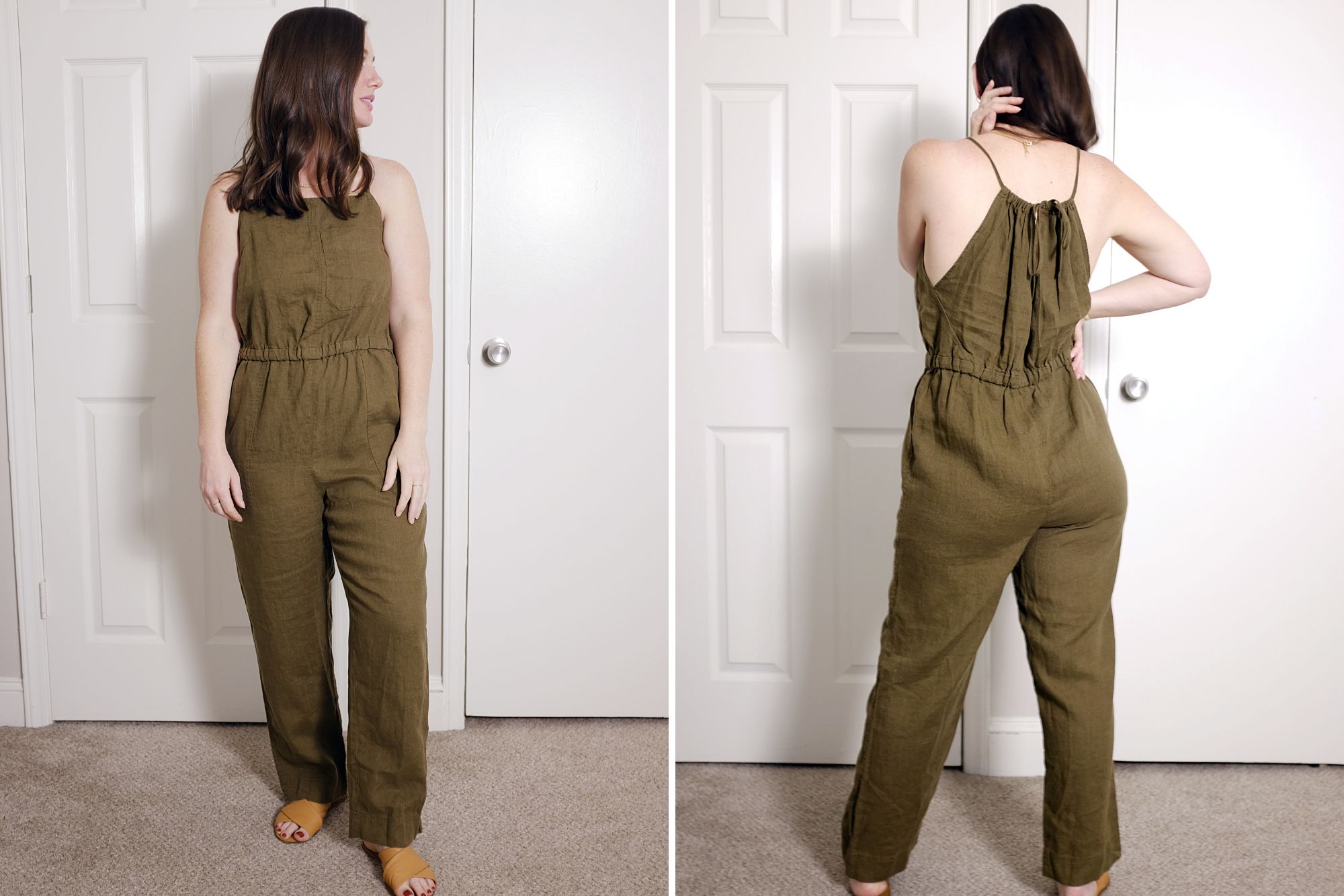 Alyssa wears The Linen Shoestring Jumpsuit with sandals