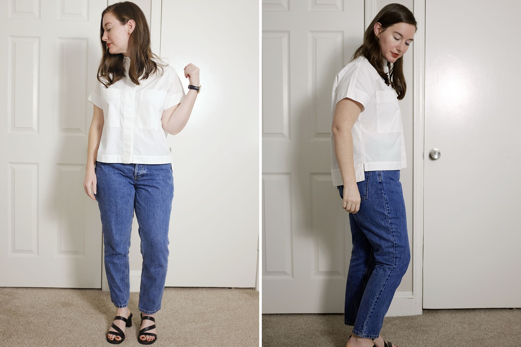 Alyssa wears The Poplin Short-Sleeve Box Shirt with a pair of blue jeans