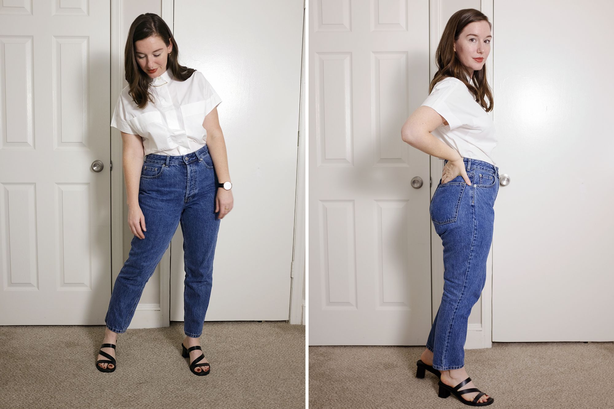 Alyssa wears The Poplin Short-Sleeve Box Shirt tucked in a pair of blue jeans