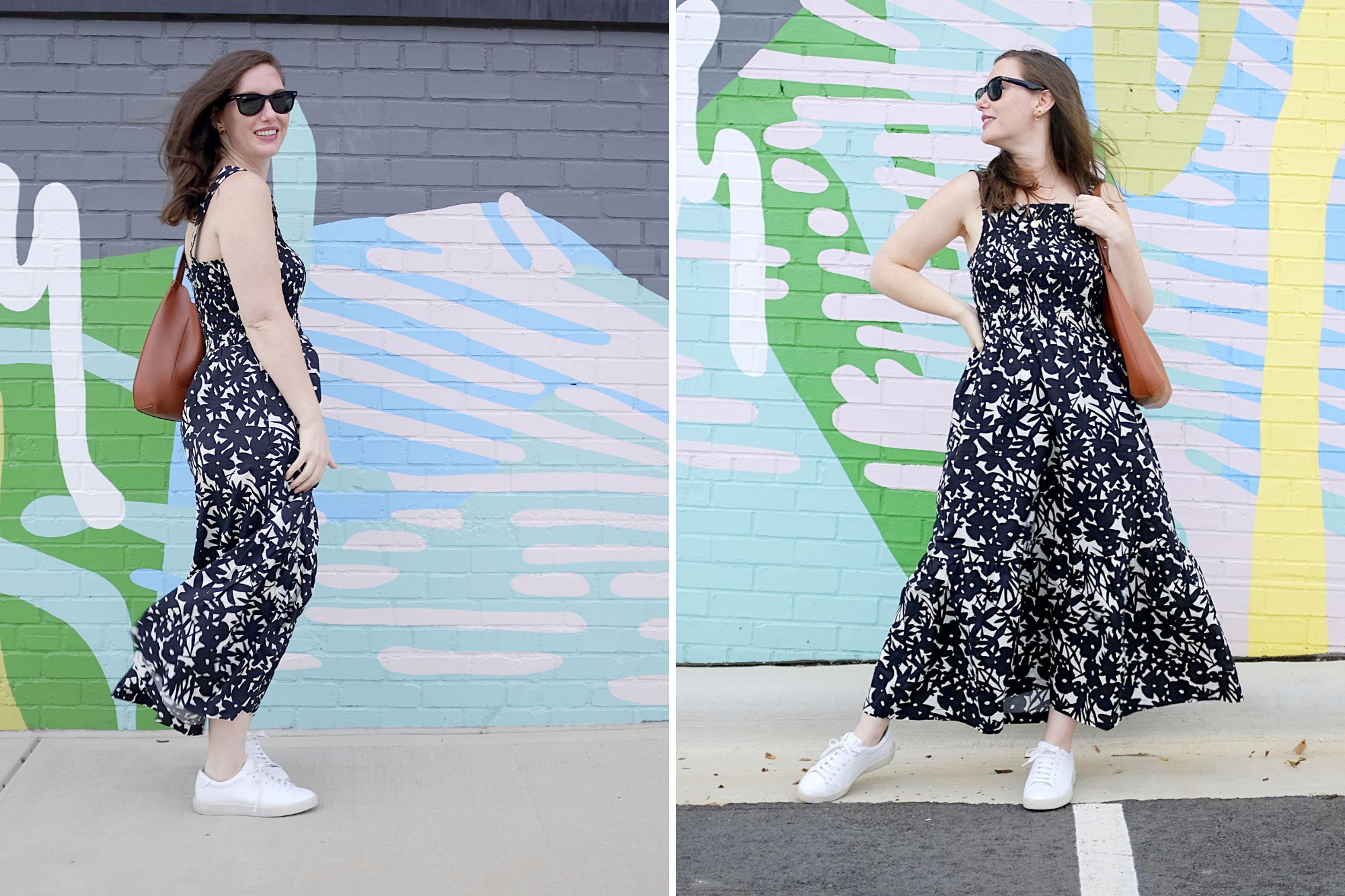 Alyssa wears The Smock Dress from Everlane in front of a graffiti wall