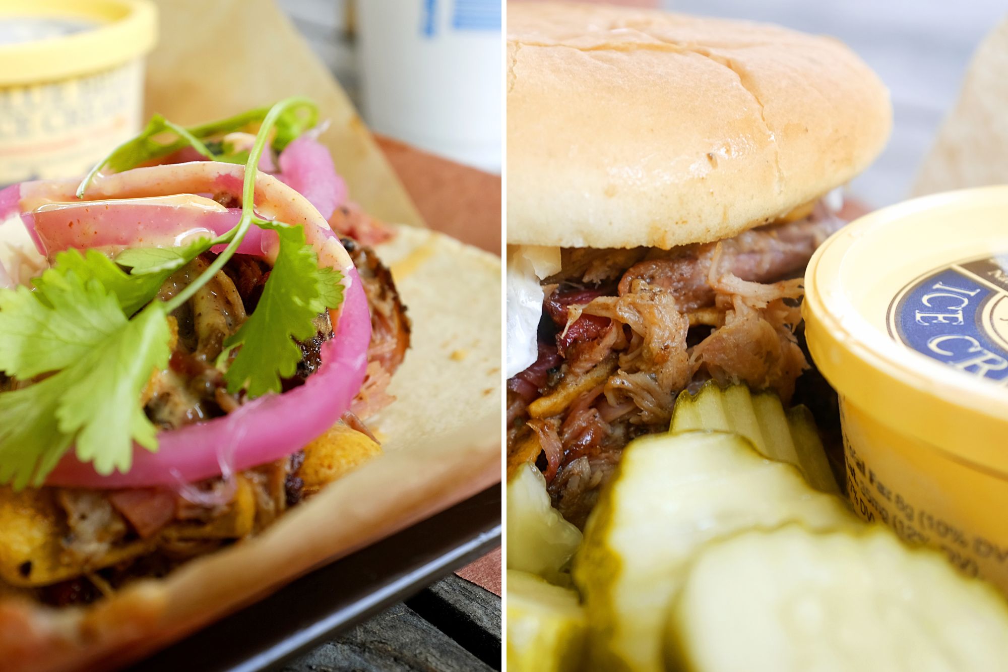 Two images: close-up of Porky B. Taco and Porky Brewster Sandwich