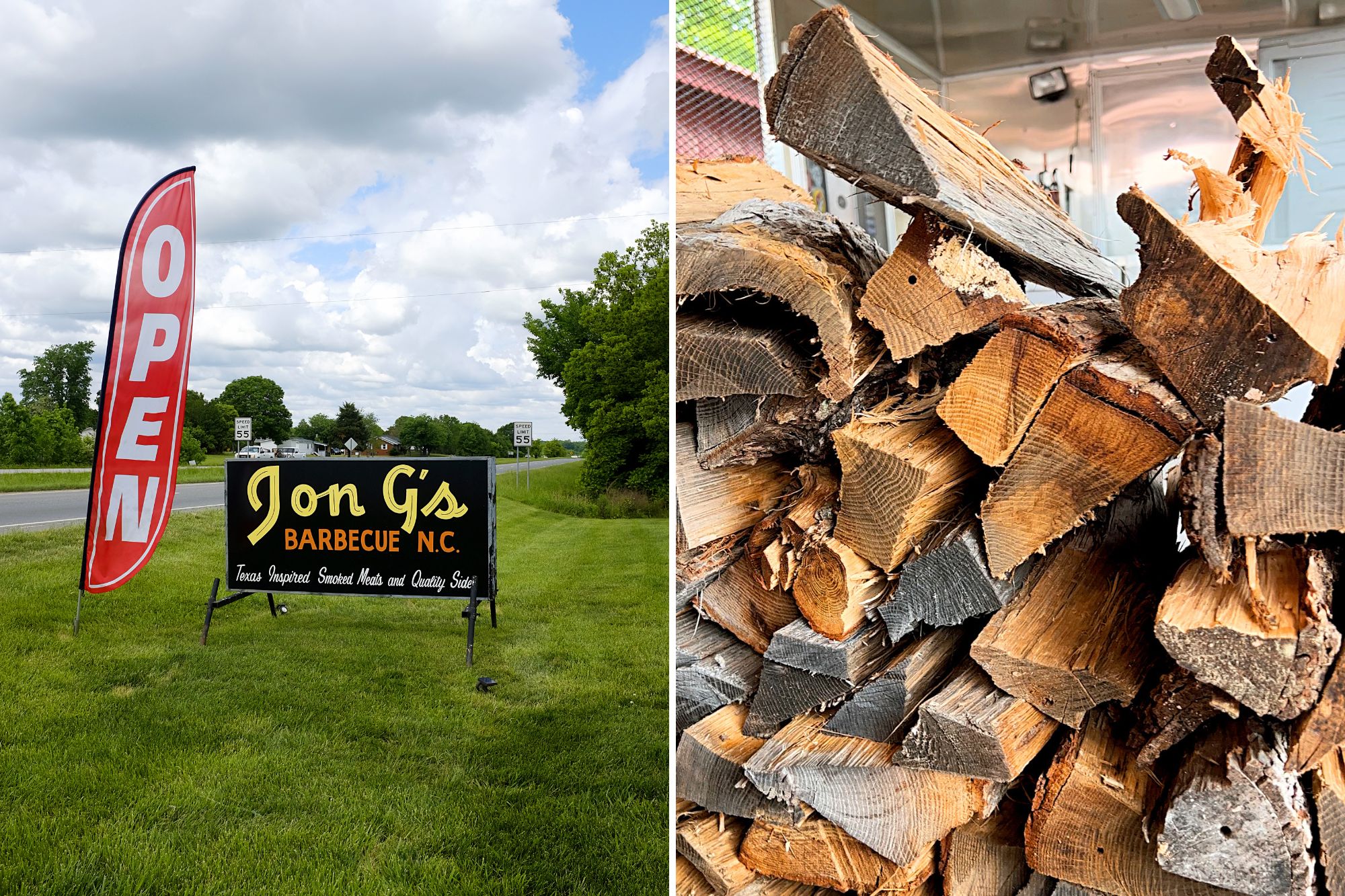 Two images: the Jon G's sign, and a stack of firewood