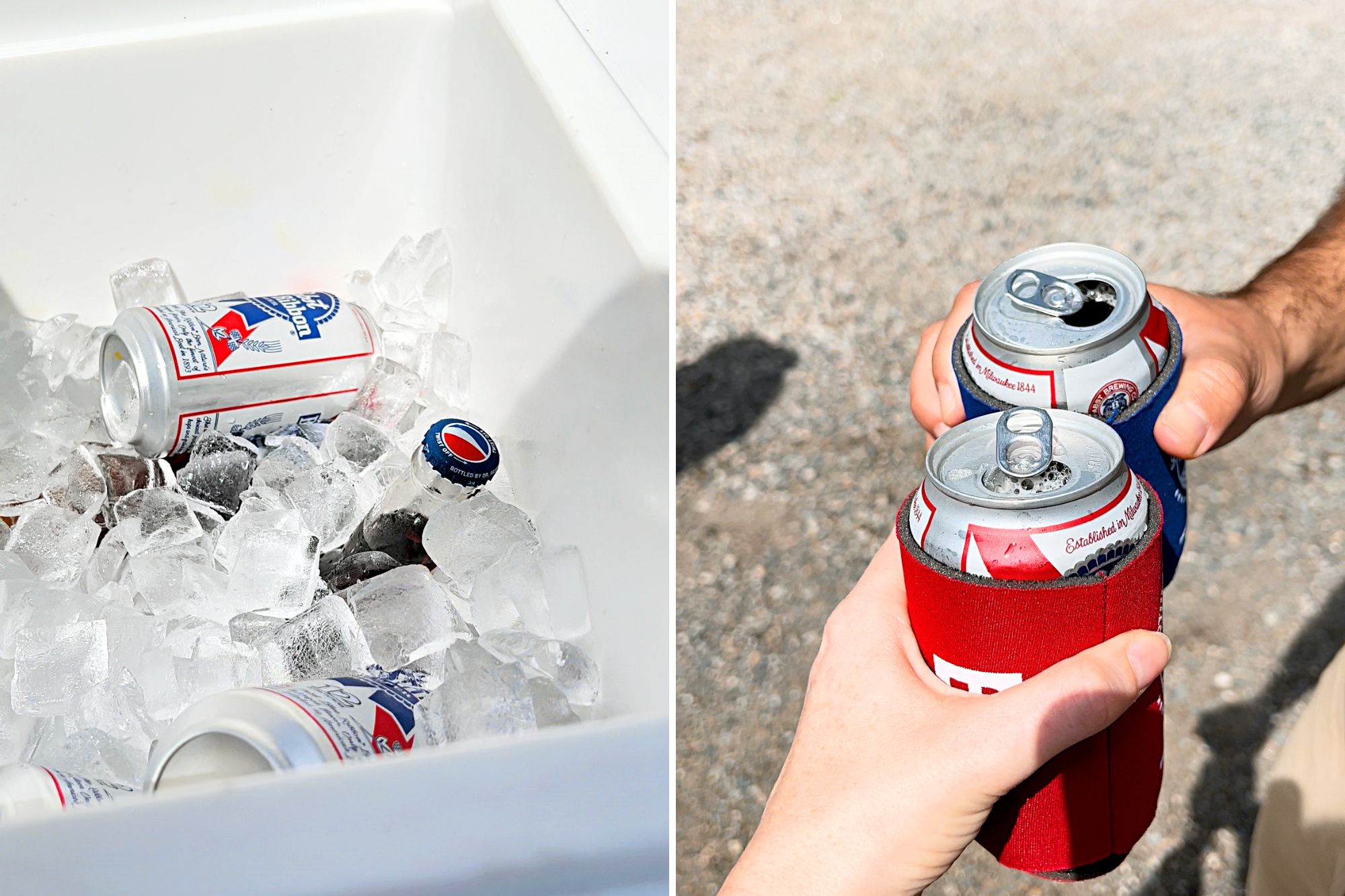 Two images: a cooler full of beer and soda, and Alyssa and Michael "cheers"ing two PBRs