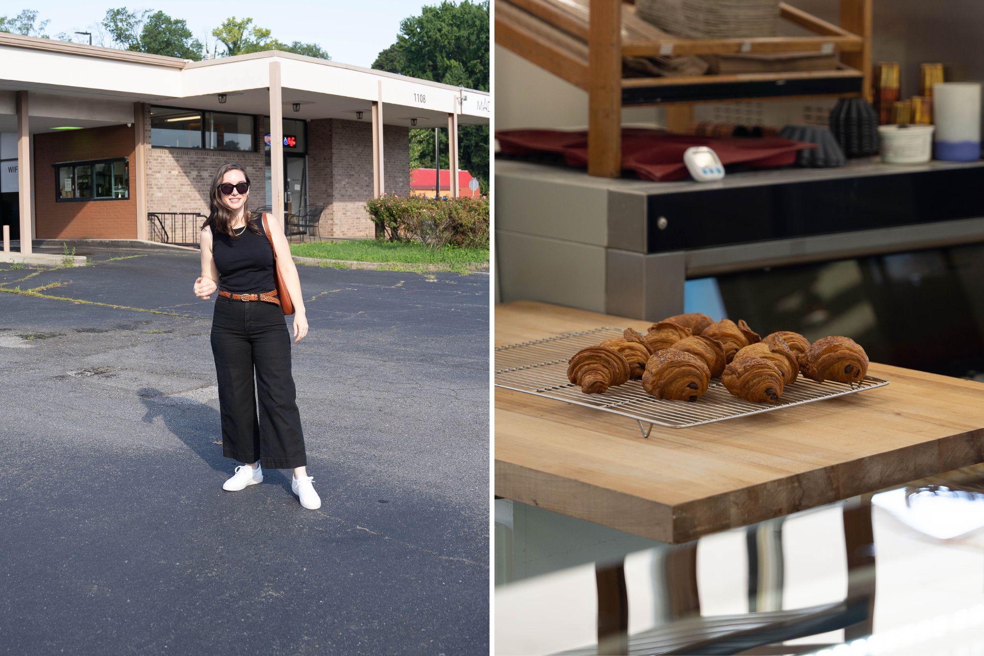 Two images: Alyssa stands in front of Mado Bakery | Croissants cooling on a rack