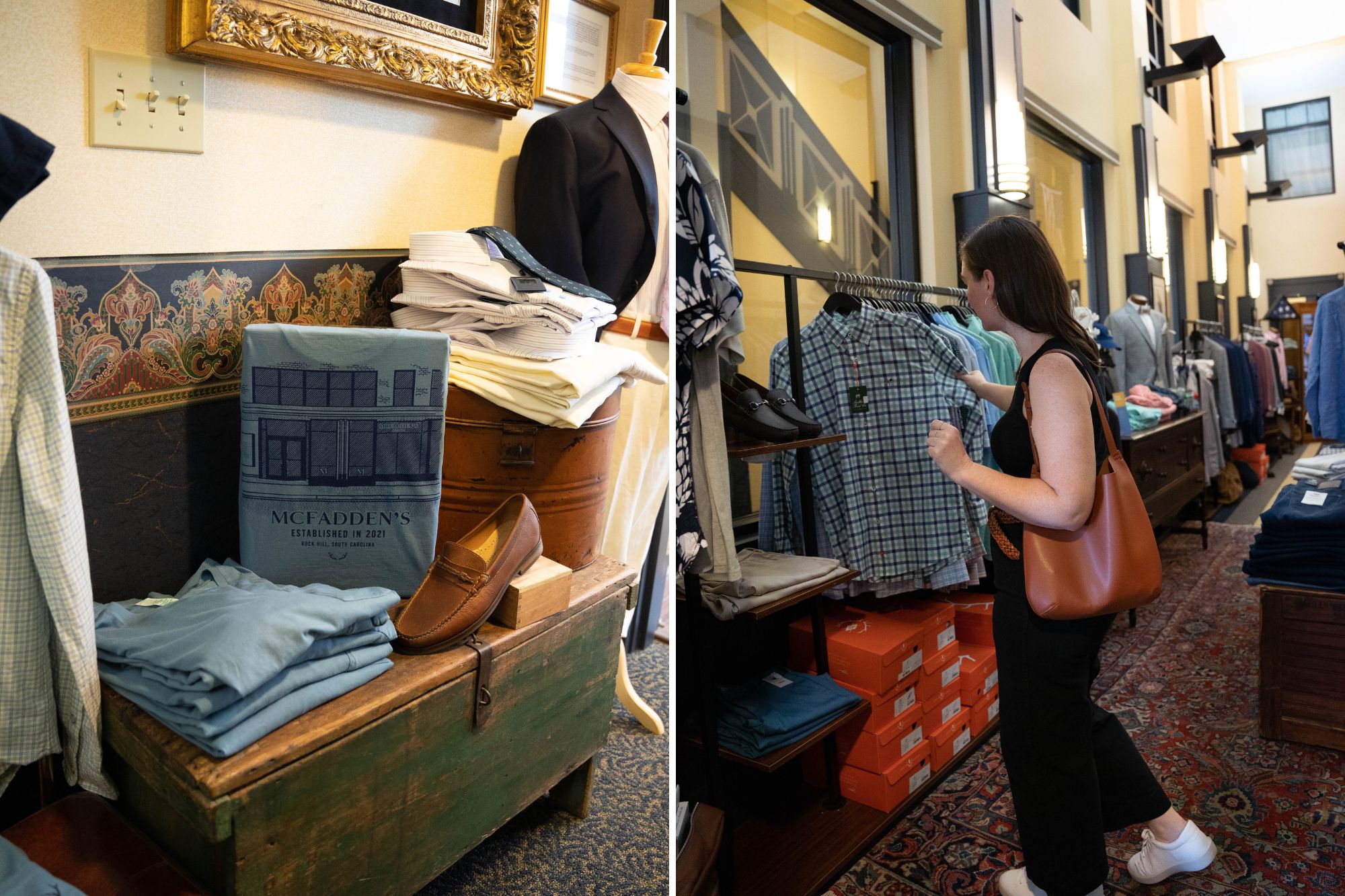 Two images inside McFadden's Mens Shop: One of a display with t-shirts and a jacket, and another of Alyssa shopping