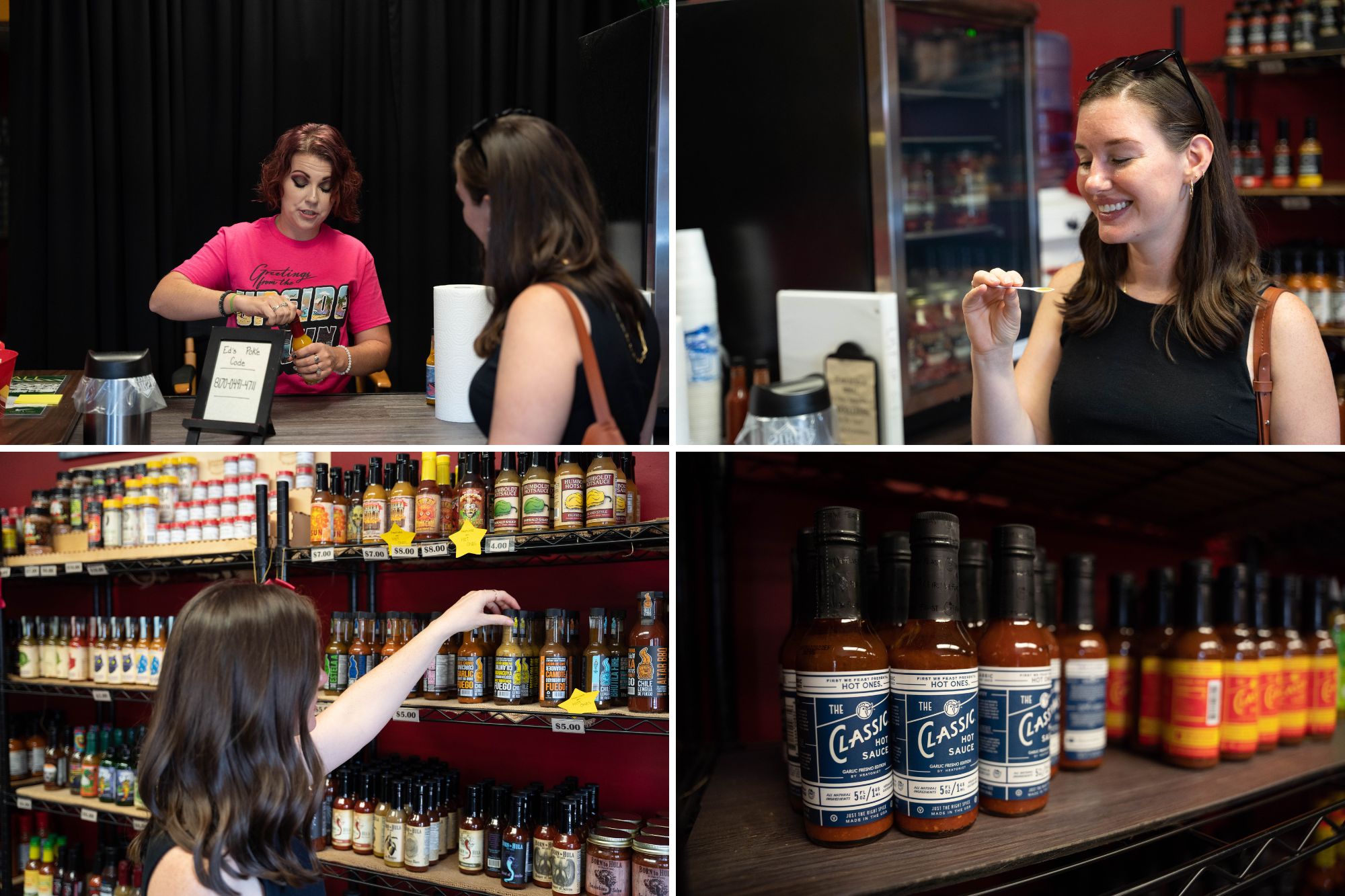 Collage of Alyssa shopping and trying hot sauces at PuckerButt Pepper Company