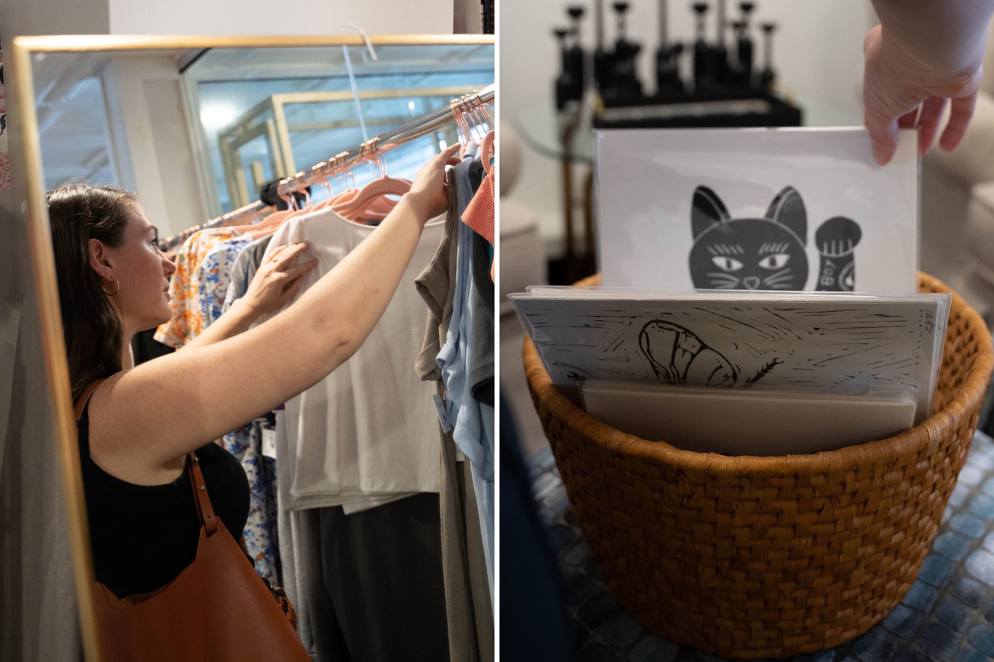 Two images: Alyssa browsing a rack of clothing, and a basket of art prints (a cat print is visible)