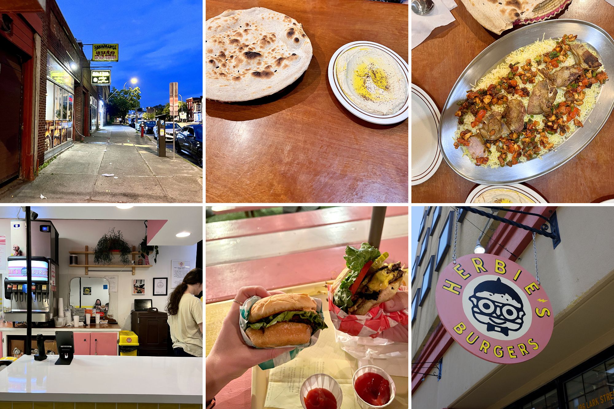 collage of images from Sheba Al-Yemen and Herbie's Burgers