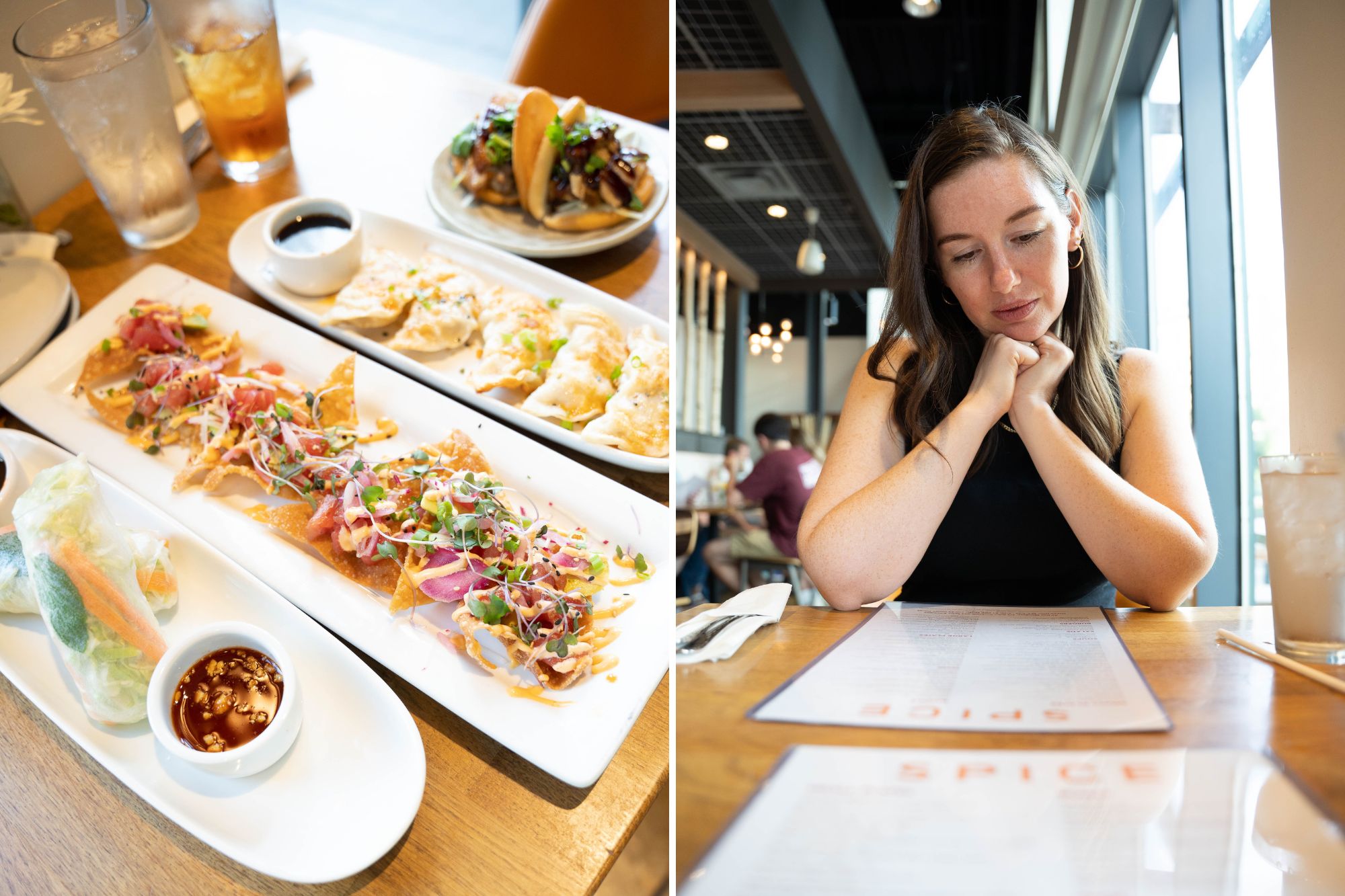 Two images: one of a selection of small plates, and another of Alyssa looking at the menu