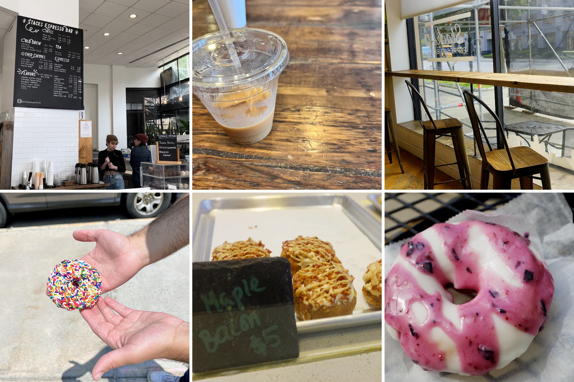 A collage of images from Stacks Espresso Bar and Cider Belly Doughnuts 