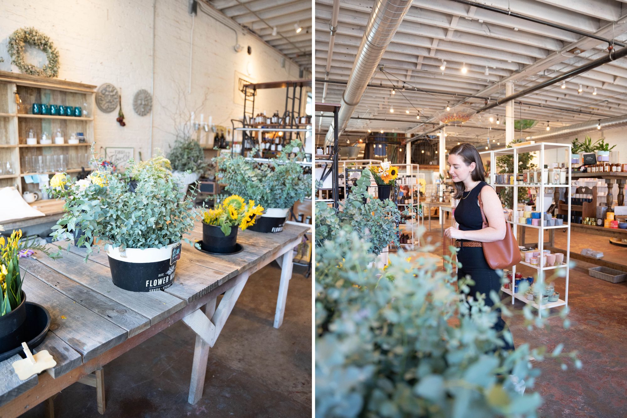 Two images: flowers for purchase by the stem, and Alyssa browsing the flowers